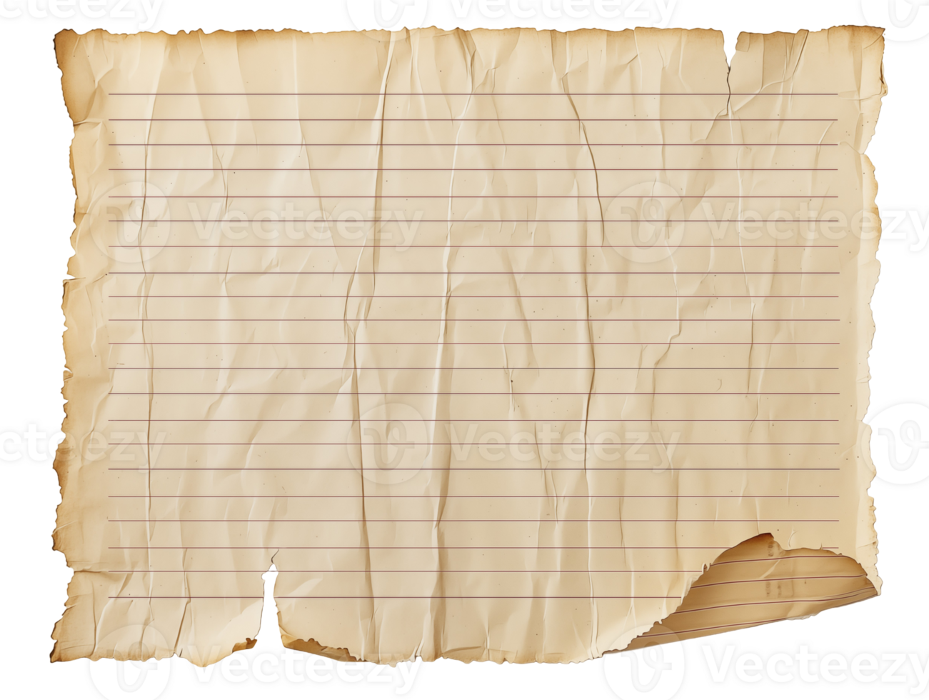 Aged Lined Notebook Paper with Torn and Wrinkled Edges on isolated background png