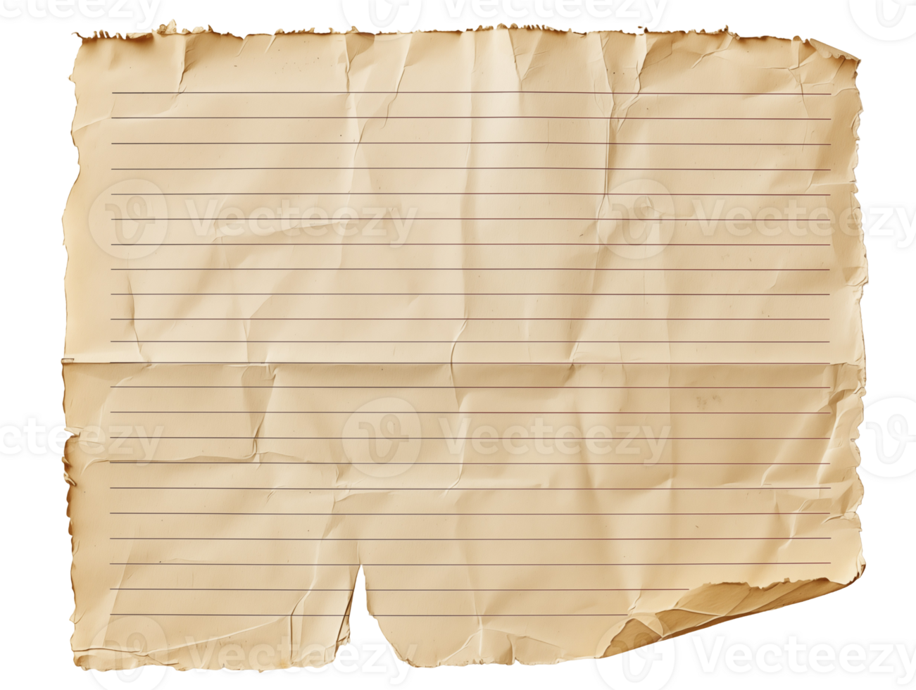 Aged Lined Notebook Paper with Torn and Wrinkled Edges on isolated background png