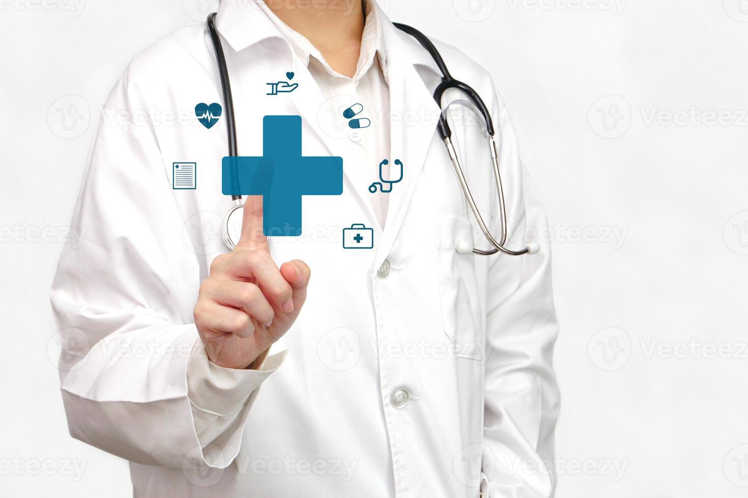 Hand of doctor touching icon digital healthcare on modern interface. Health care and modern medical services concept. photo