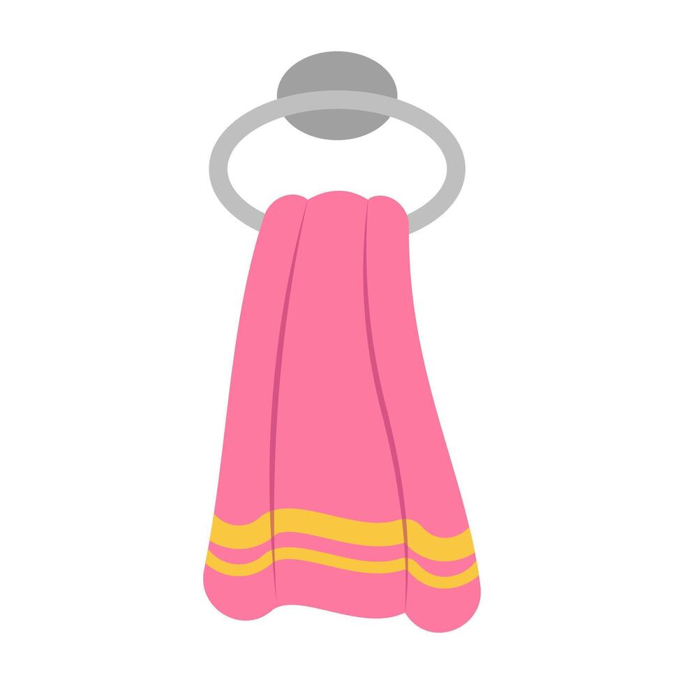 Towels. Cartoon terry cloth hanging on holder, rolled napkin and handkerchief in stack. Kitchen or bathroom hygienic fluffy fabric for wiping. Colorful domestic dishtowel. textile toiletry. vector
