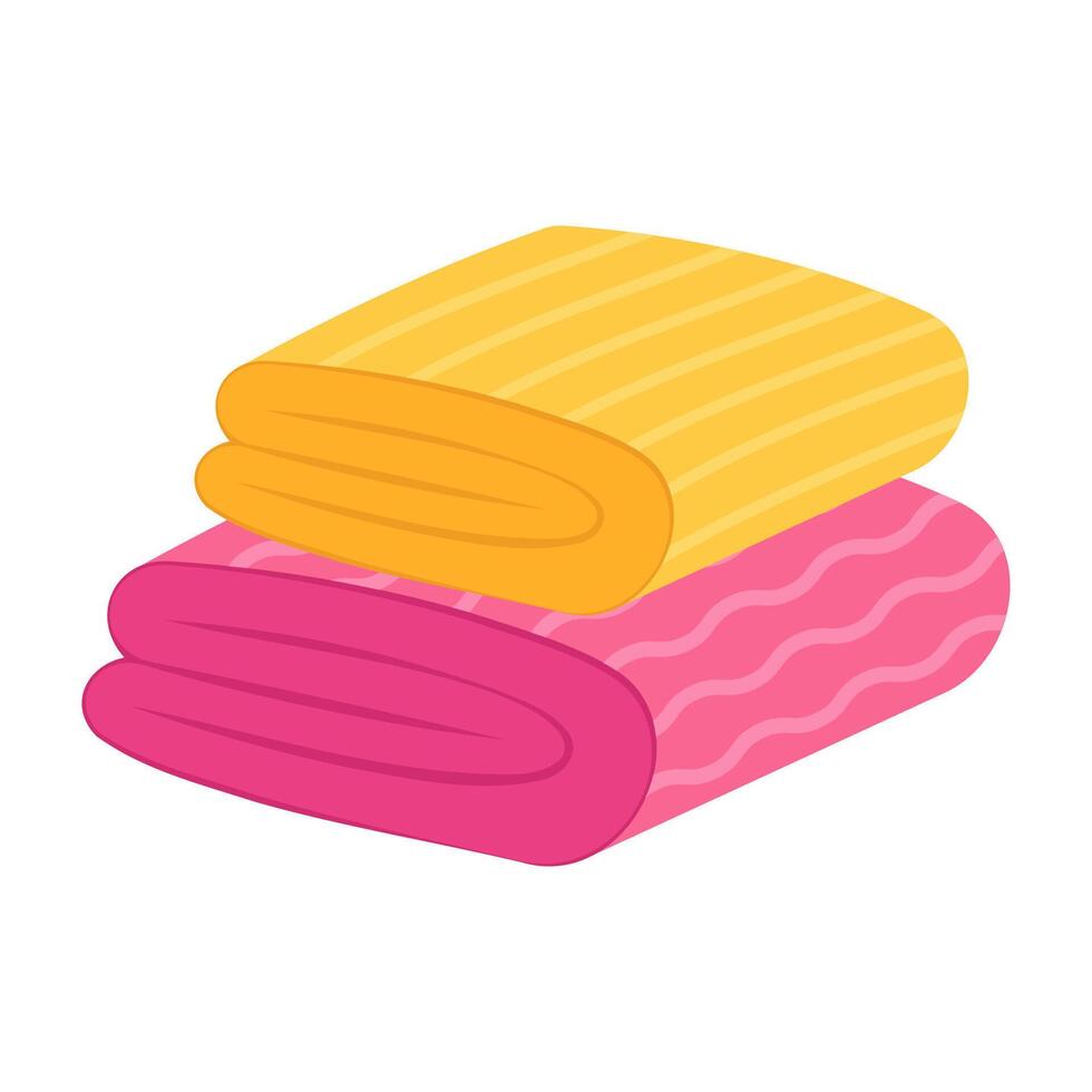 Towels. Cartoon terry cloth hanging on holder, rolled napkin and handkerchief in stack. Kitchen or bathroom hygienic fluffy fabric for wiping. Colorful domestic dishtowel. textile toiletry. vector