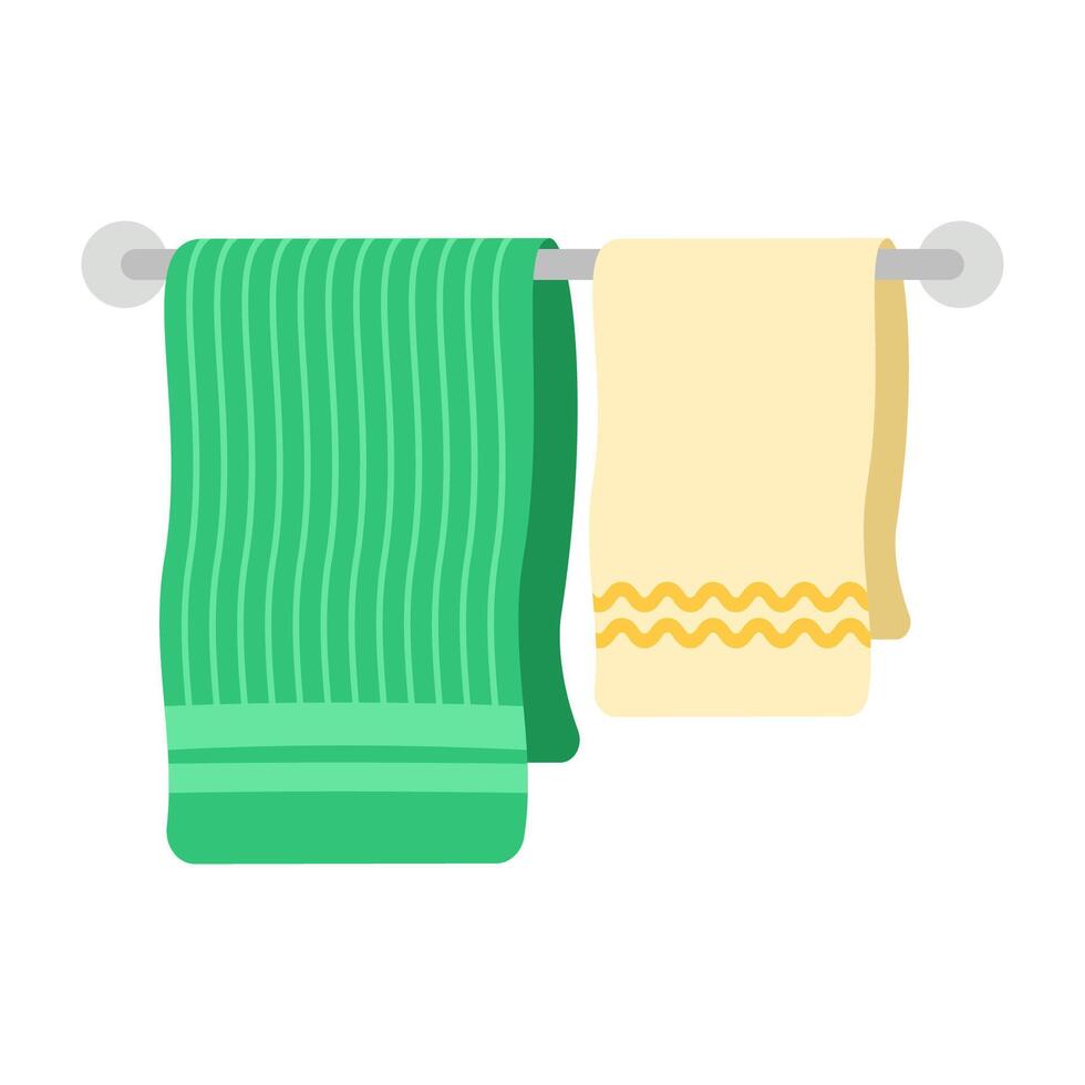 Towels. Cartoon terry cloth hanging on holder, rolled napkin and handkerchief in stack. Kitchen or bathroom hygienic fluffy fabric for wiping. Colorful domestic dishtowel. textile toiletry. vector