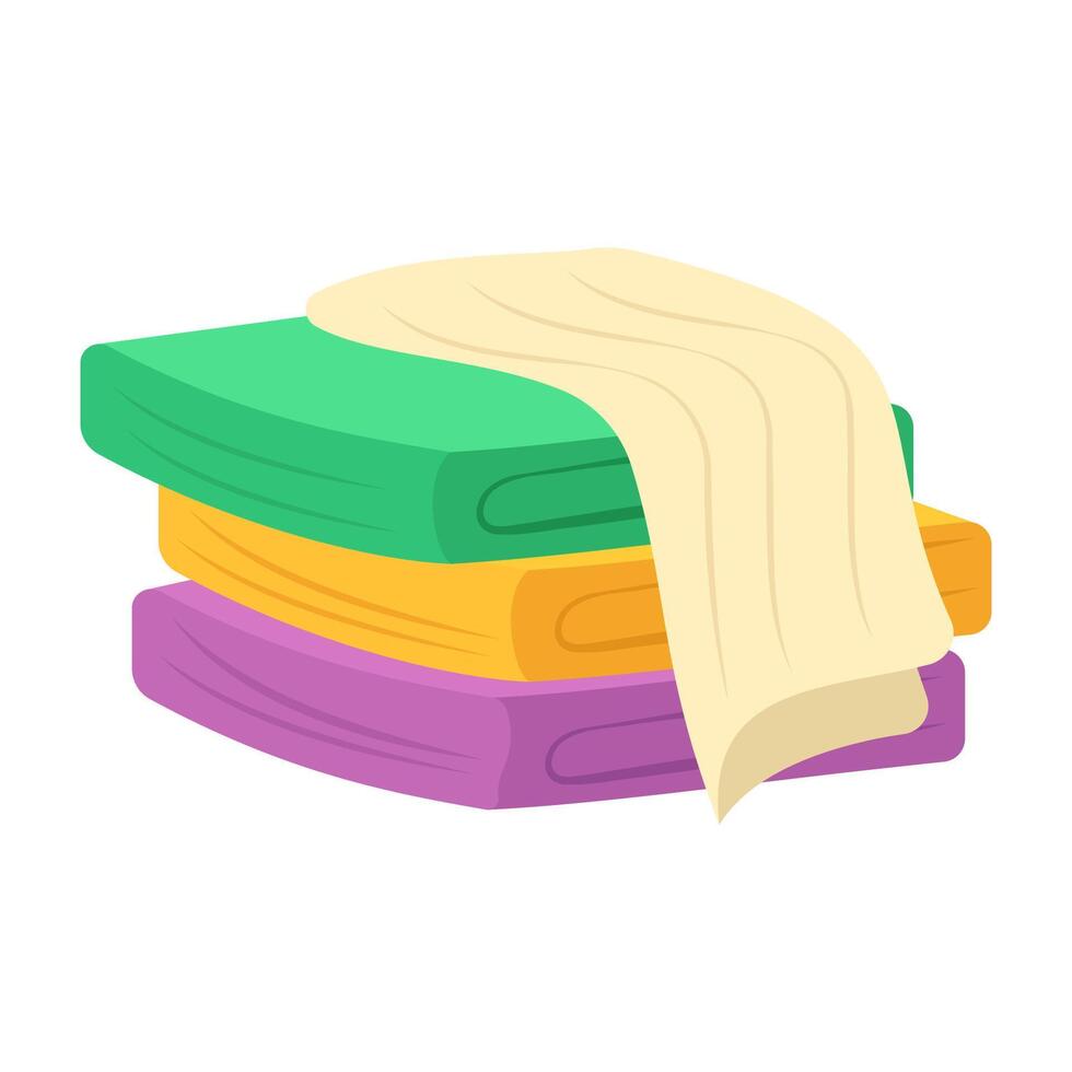 Towels. Cartoon terry cloth hanging on holder, rolled napkin and handkerchief in stack. Kitchen or bathroom hygienic fluffy fabric for wiping. Colorful domestic dishtowel. textile toiletry. vector