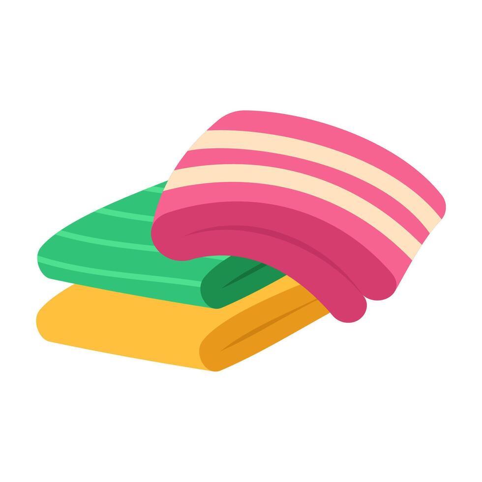 Towels. Cartoon terry cloth hanging on holder, rolled napkin and handkerchief in stack. Kitchen or bathroom hygienic fluffy fabric for wiping. Colorful domestic dishtowel. textile toiletry. vector