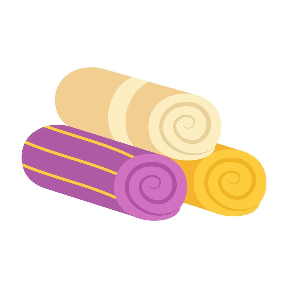 Towels. Cartoon terry cloth hanging on holder, rolled napkin and handkerchief in stack. Kitchen or bathroom hygienic fluffy fabric for wiping. Colorful domestic dishtowel. textile toiletry. vector