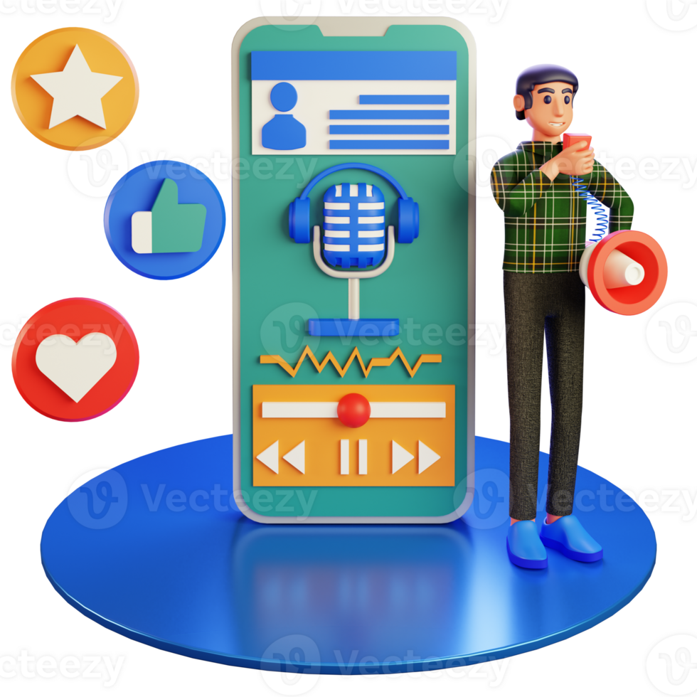 Man character Promoting Podcast Through Social Media 3d illustration png