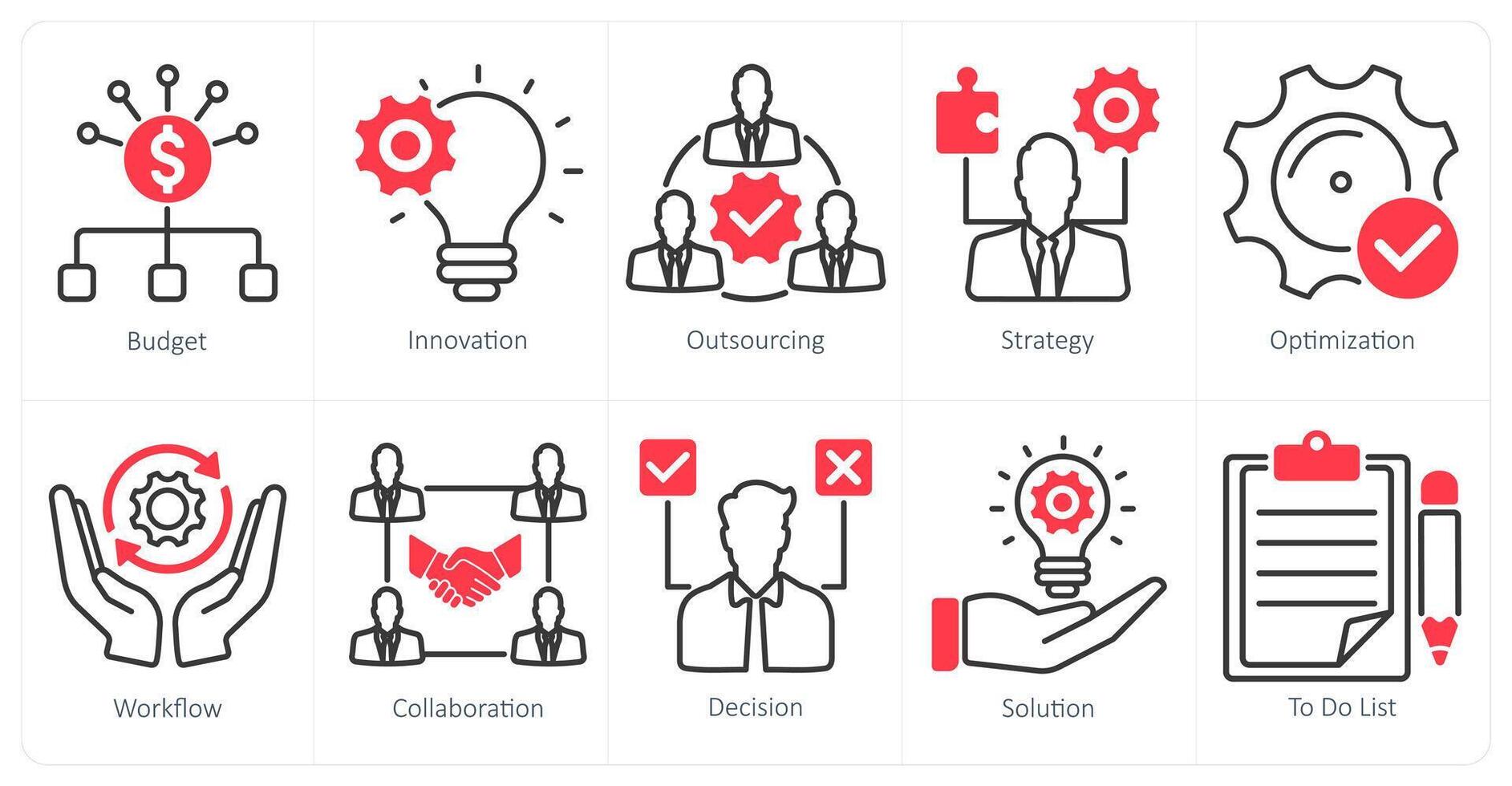 A set of 10 project management icons as budget, innovation, outsourcing vector