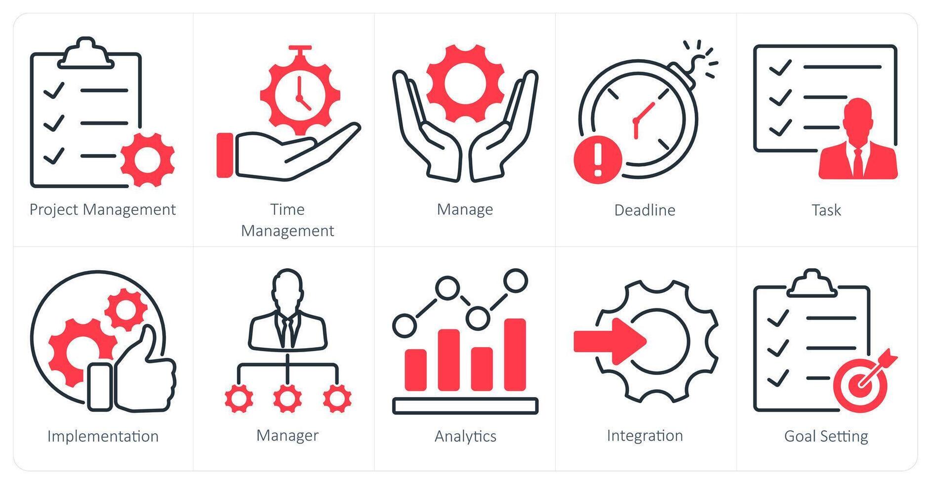 A set of 10 project management icons as project management, time management, manage vector
