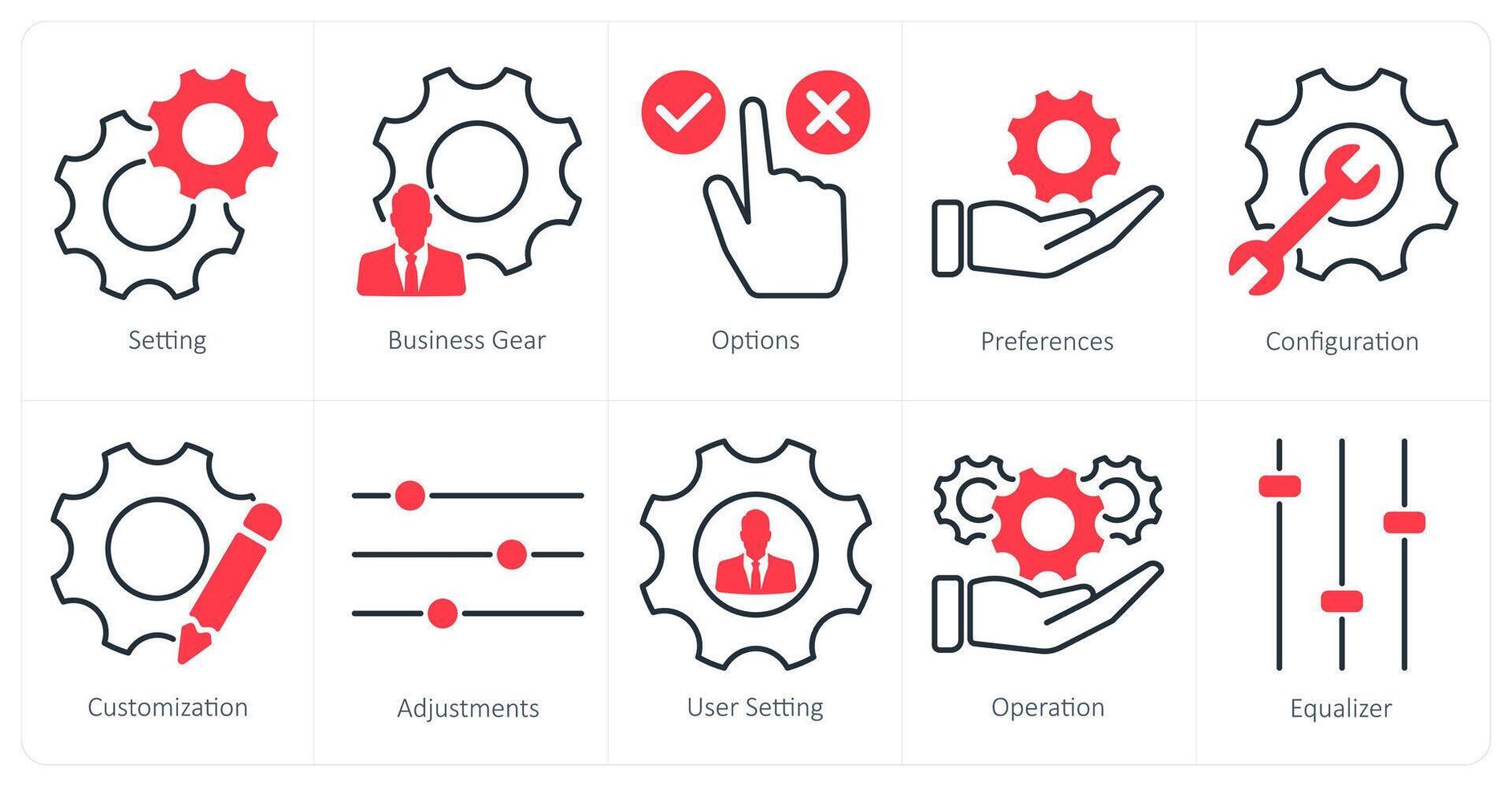 A set of 10 settings and configuration icons as setting, business gear, options vector
