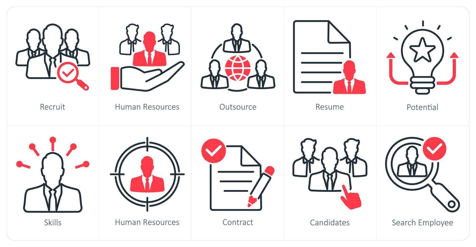 A set of 10 recruitment icons as recruit, human resources, outsource vector