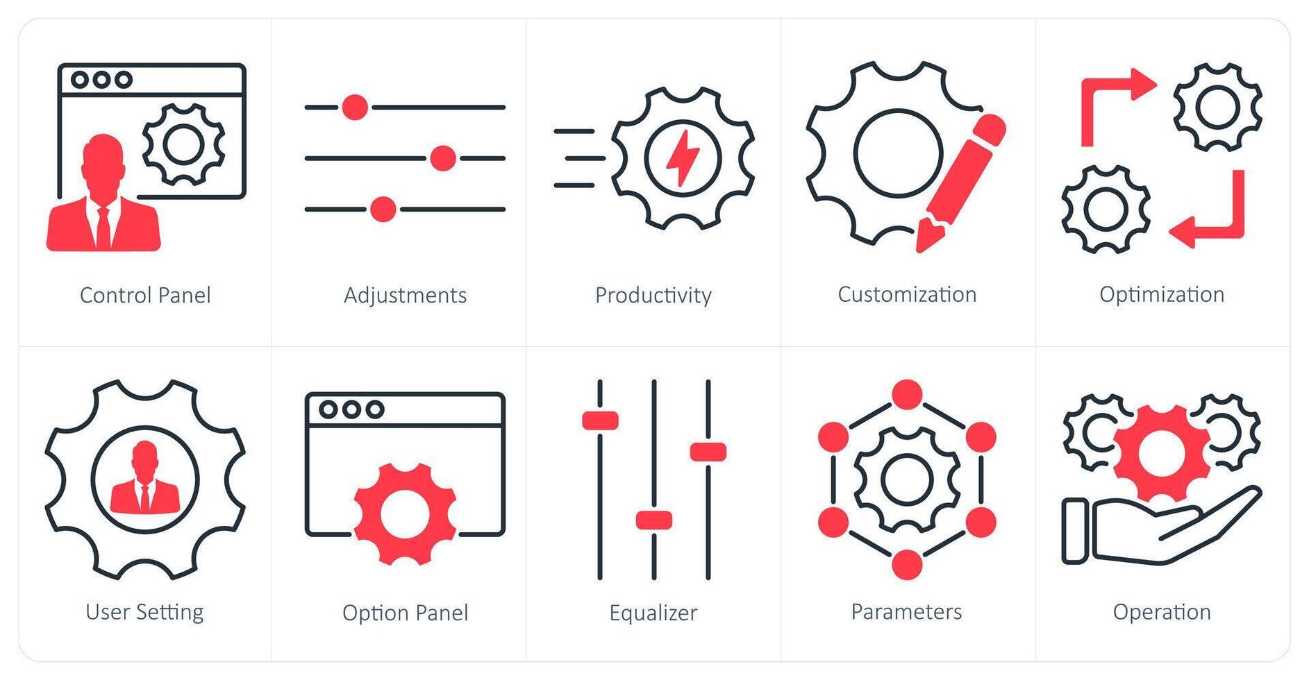 A set of 10 settings and configuration icons as control panel, adjustments, productivity vector