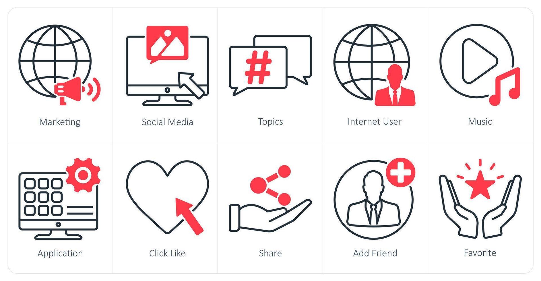 A set of 10 social media icons as marketing, social media, topics vector