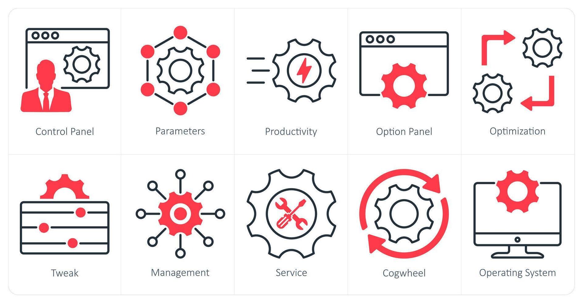 un conjunto de 10 ajustes y configuración íconos como controlar panel, parámetros, productividad vector