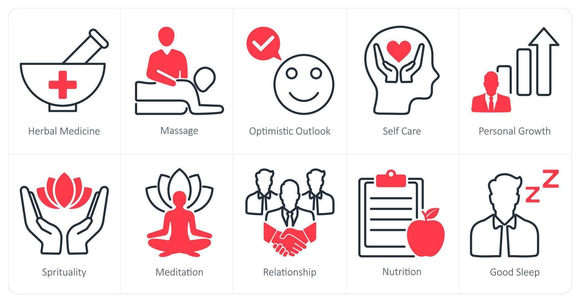 A set of 10 wellness icons as herbal medicine, massage, optimistic outlook vector