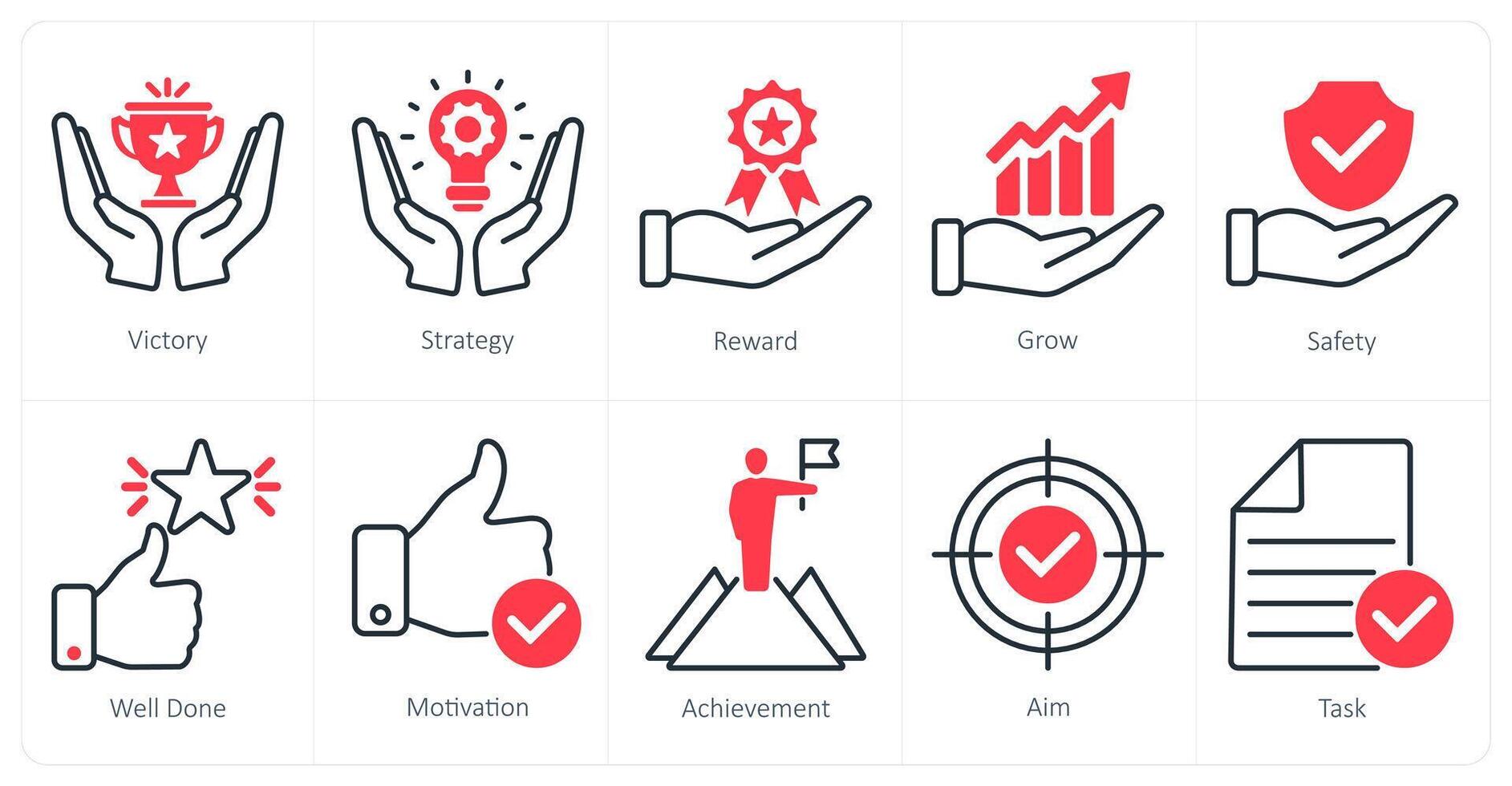 A set of 10 success icons as victory, strategy, reward vector