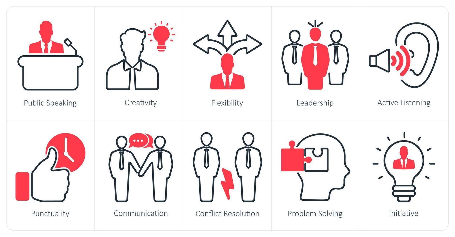 A set of 10 soft skills icons as public speaking, creativity, flexibility vector