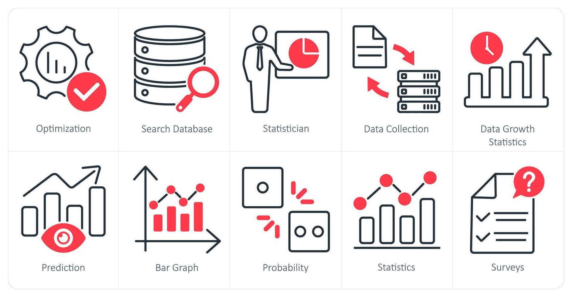 A set of 10 statistics icons as optimization, search database, statistician vector
