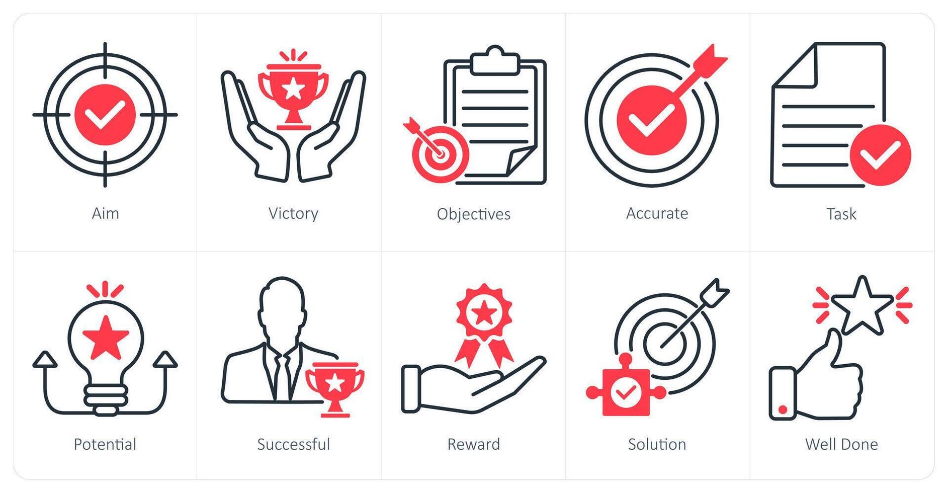 A set of 10 success icons as aim, victory, objectives vector