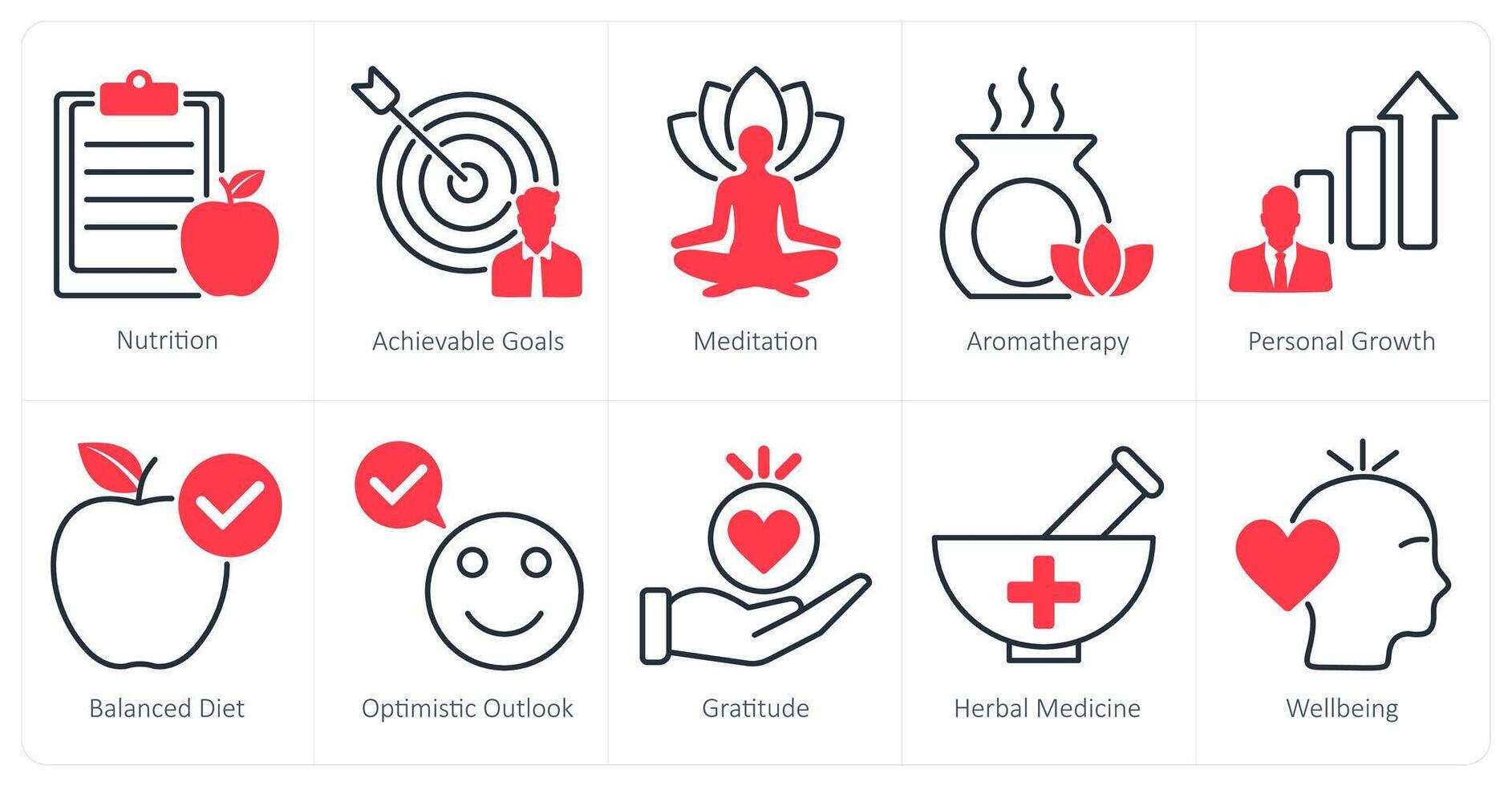 A set of 10 wellness icons as nutrition, achievable goals, meditation vector