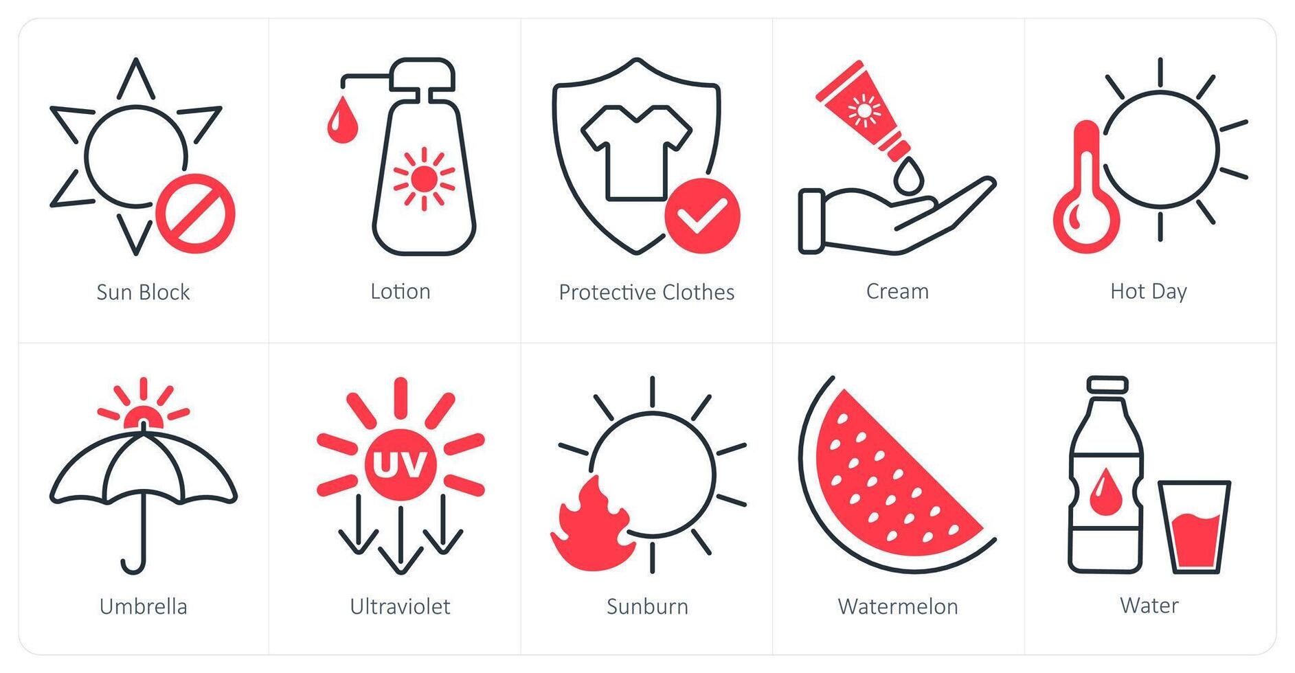 A set of 10 sun protection icons as sun block, lotion, protective clothes vector