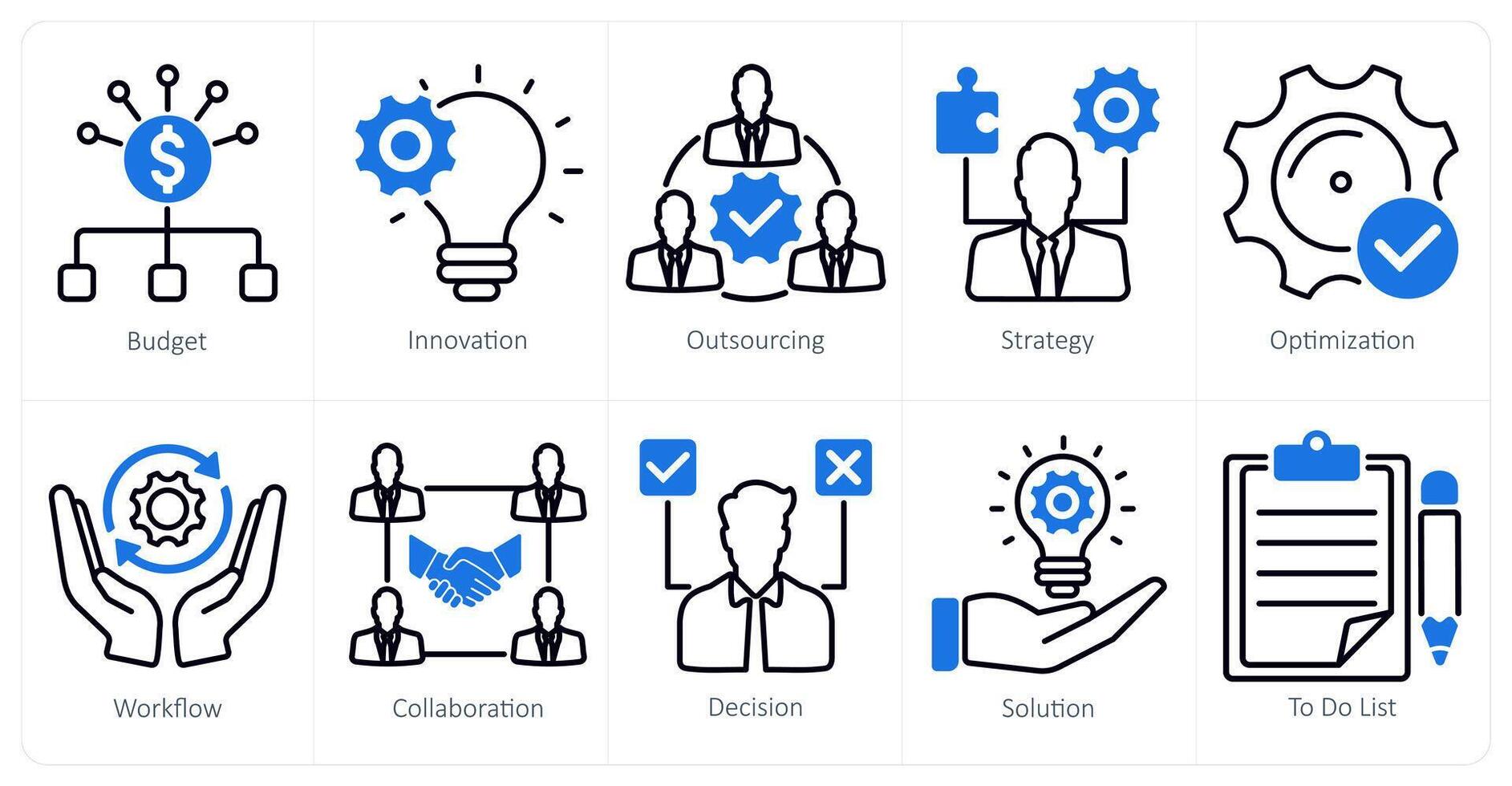 A set of 10 project management icons as budget, innovation, outsourcing vector