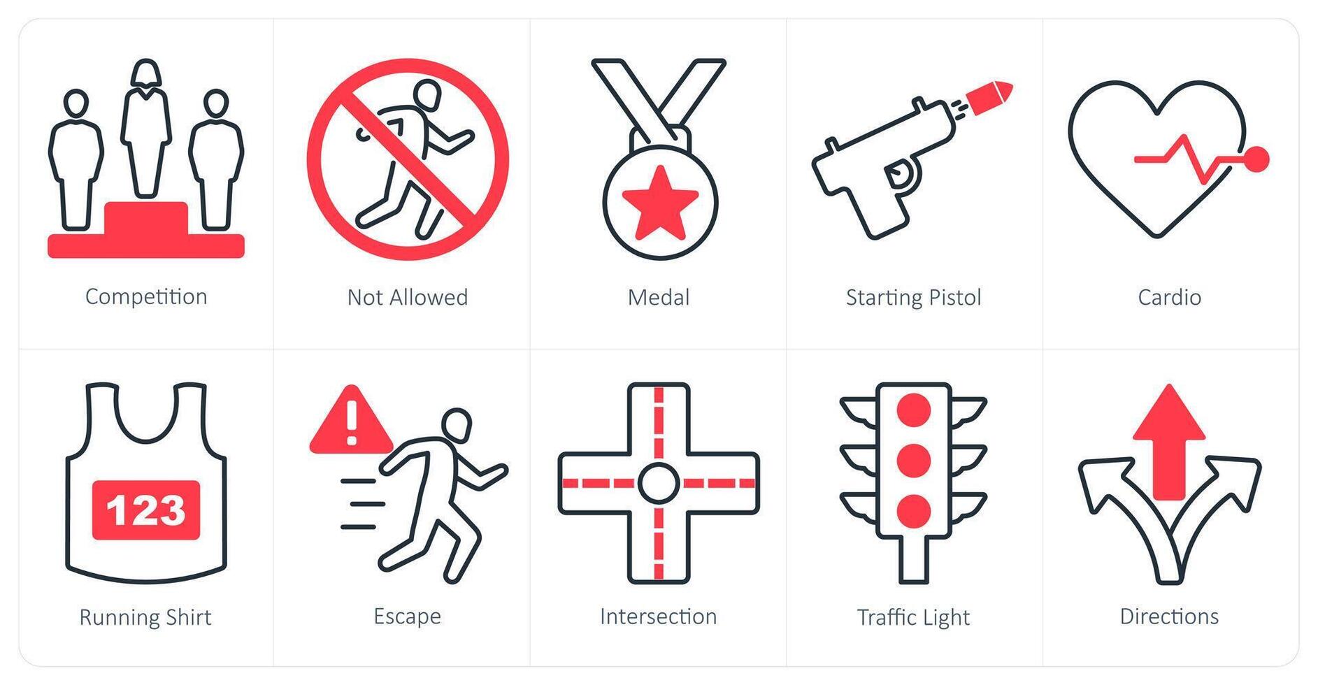 A set of 10 running icons as competition, not allowed, medal vector
