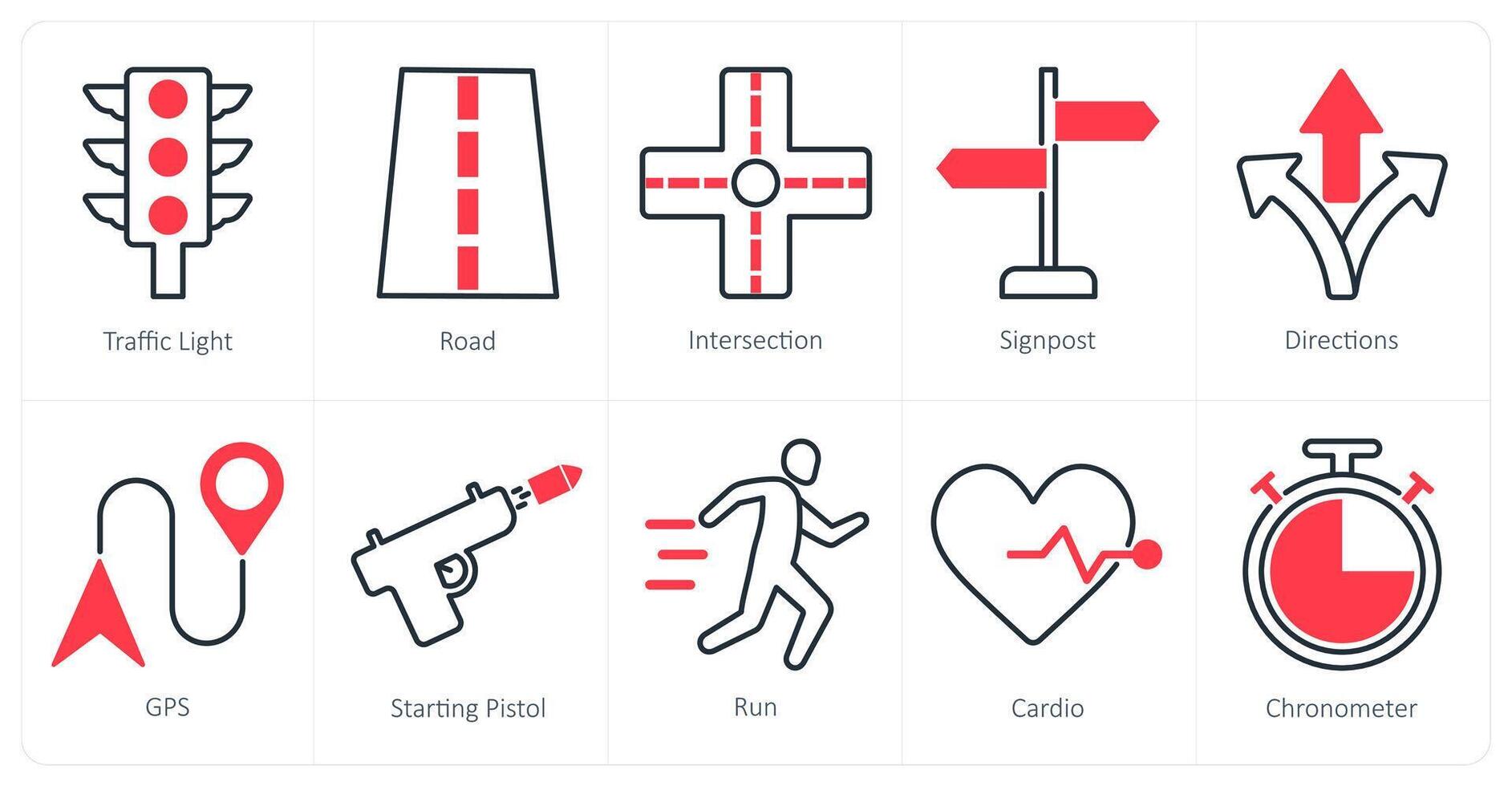 A set of 10 running icons as traffic light, road, intersection vector