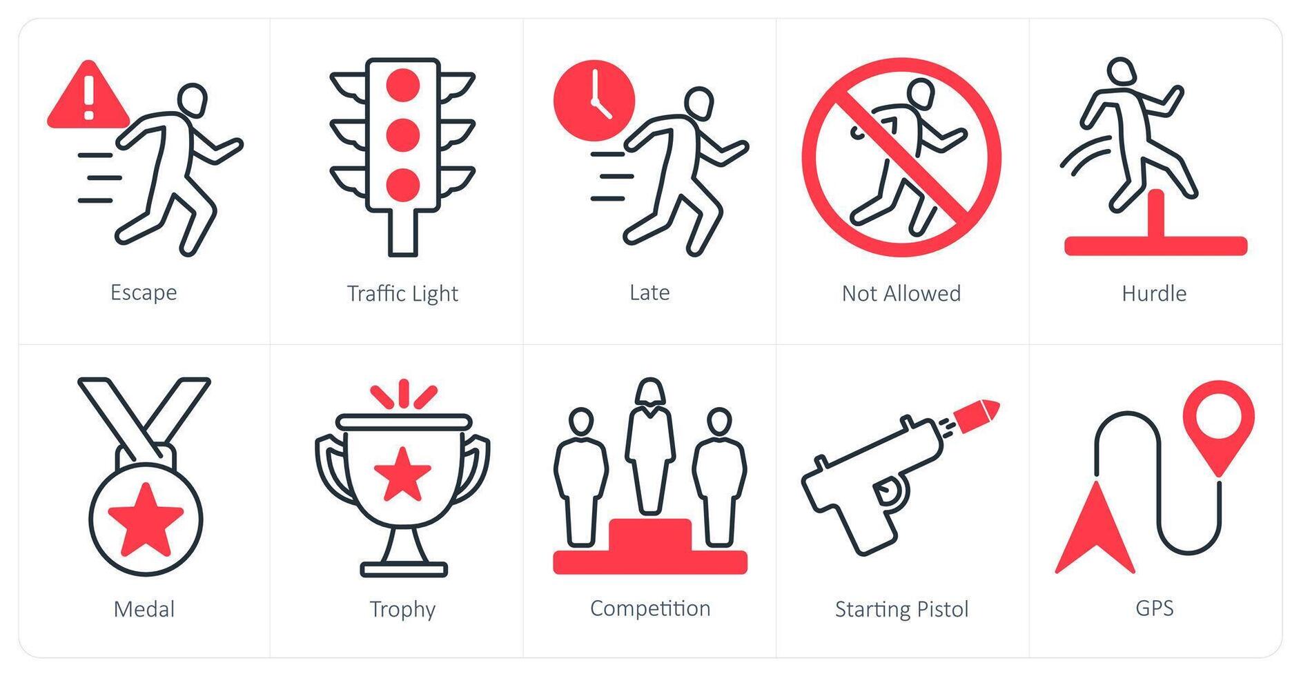 A set of 10 running icons as escape, traffic light, late vector