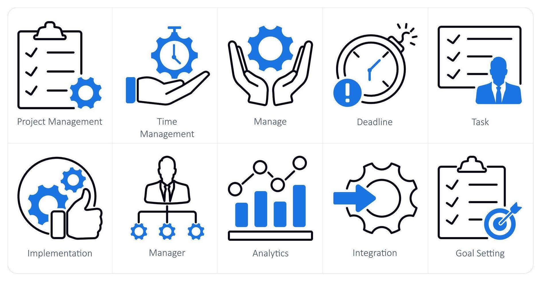 A set of 10 project management icons as project management, time management, manage vector