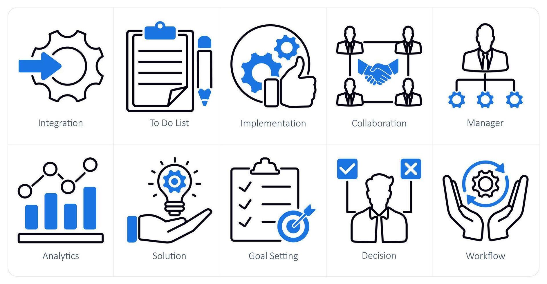 un conjunto de 10 proyecto administración íconos como integración, a hacer lista, implementación vector