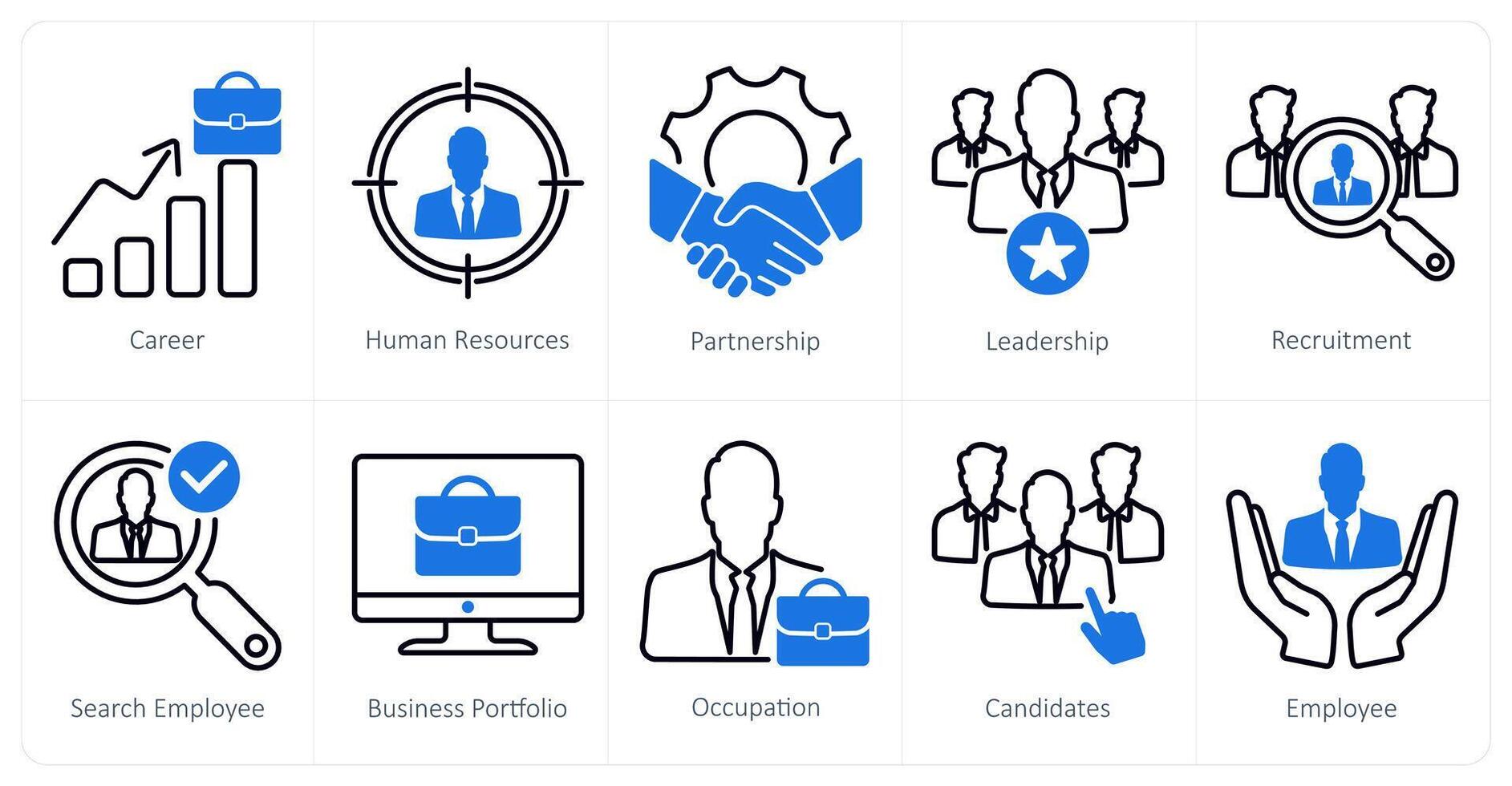 A set of 10 recruitment icons as career, human resources, partnership vector