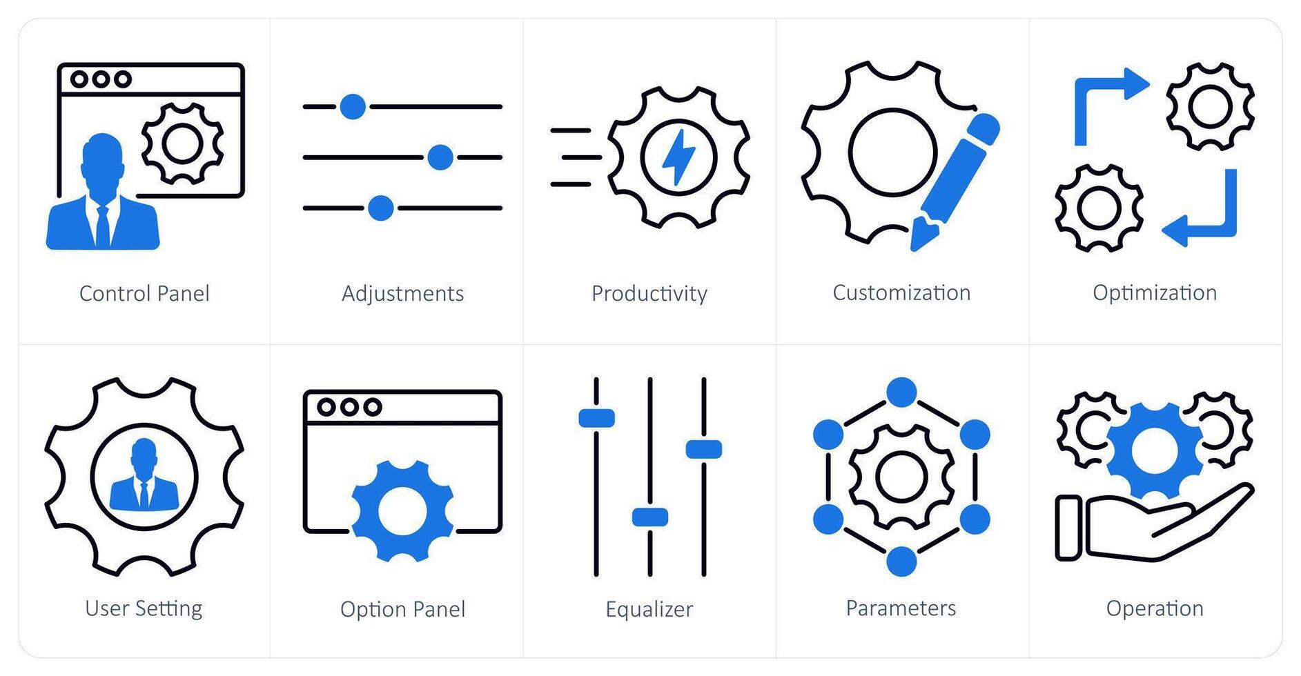 A set of 10 settings and configuration icons as control panel, adjustments, productivity vector