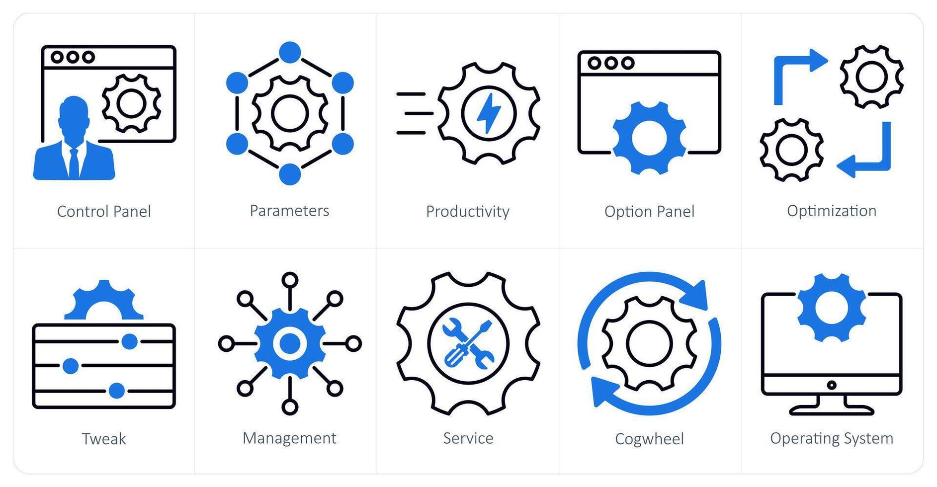 A set of 10 settings and configuration icons as control panel, parameters, productivity vector