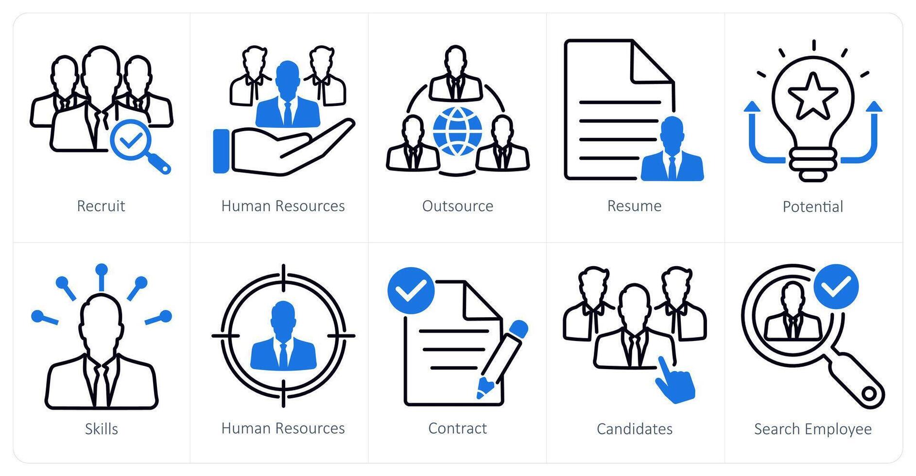 A set of 10 recruitment icons as recruit, human resources, outsource vector