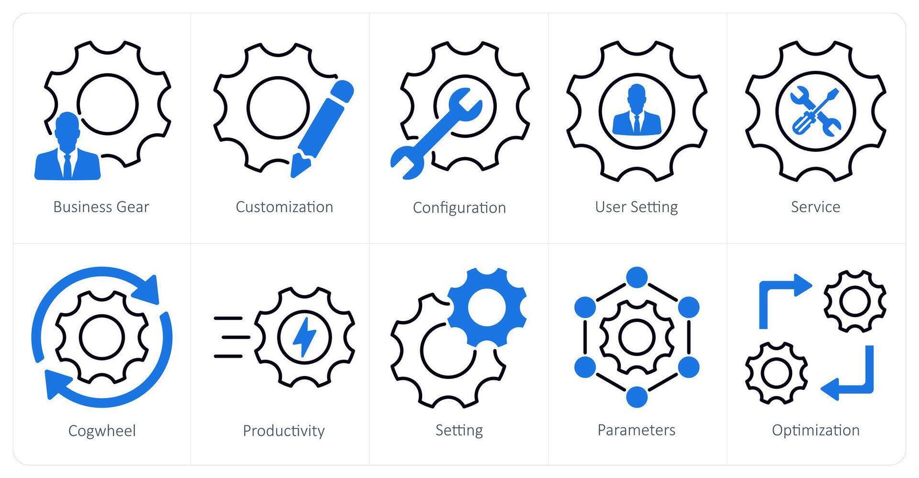 A set of 10 settings and configuration icons as business gear, customization, configuration vector