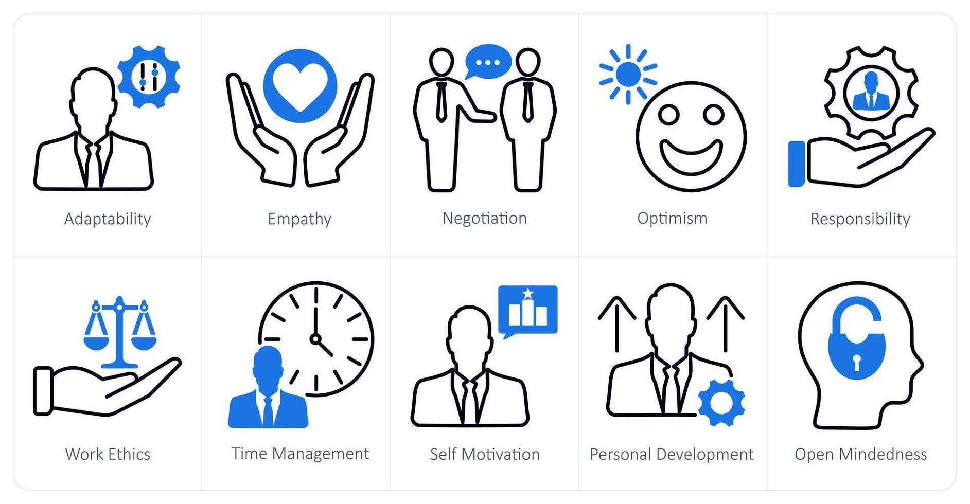 A set of 10 soft skills icons as adaptability, empathy, negotiation vector