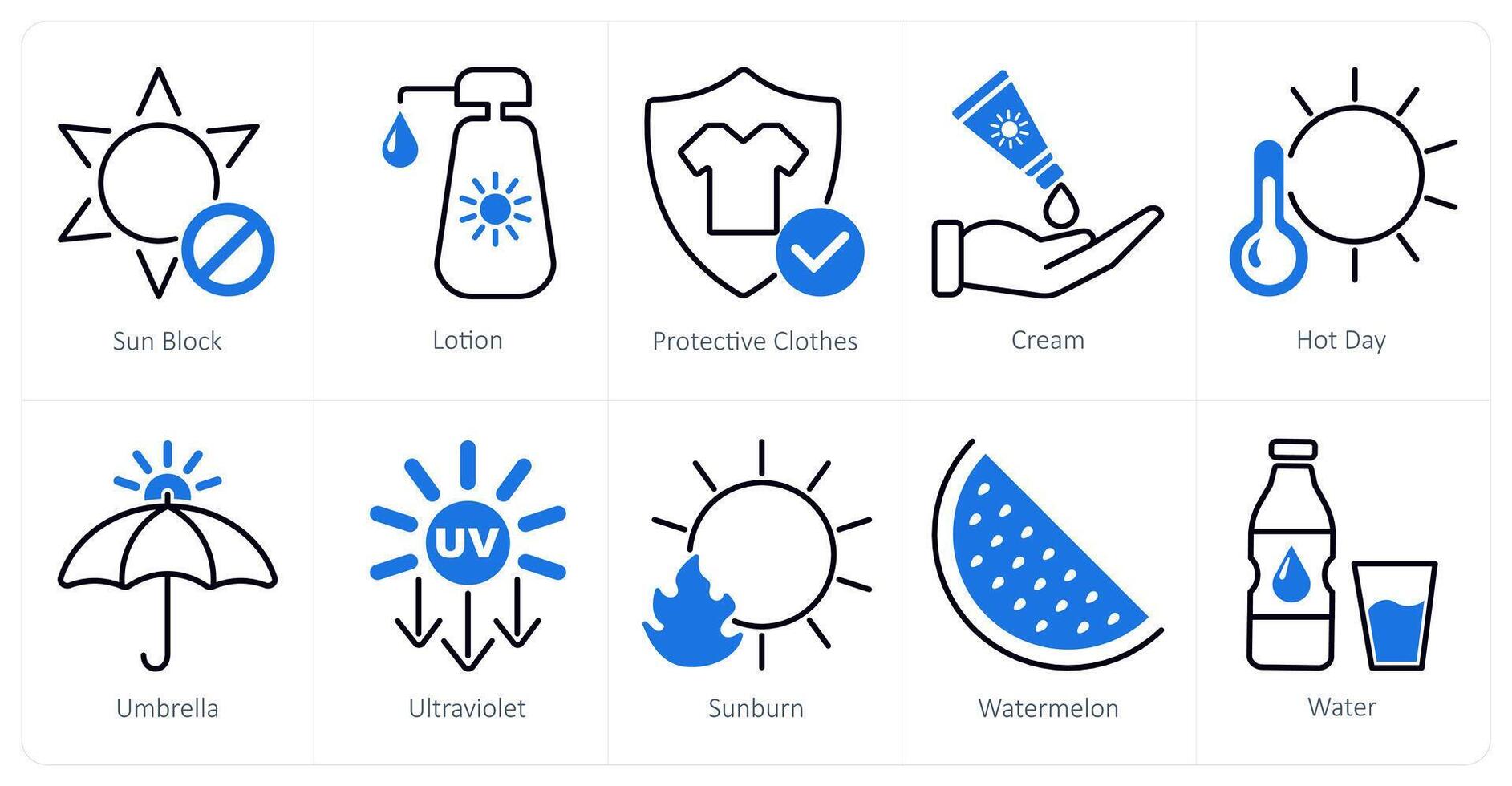 A set of 10 sun protection icons as sun block, lotion, protective clothes vector