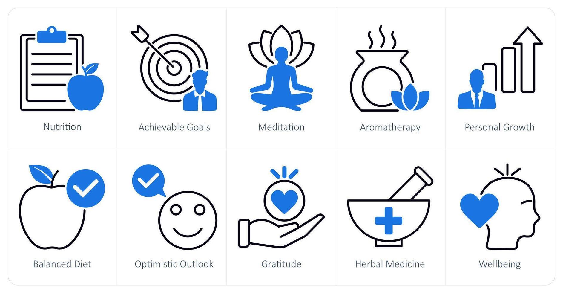 A set of 10 wellness icons as nutrition, achievable goals, meditation vector