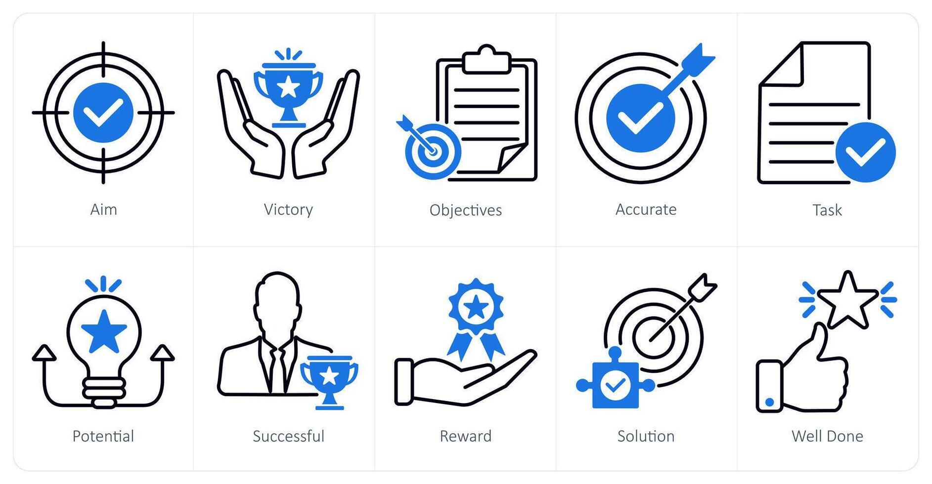 A set of 10 success icons as aim, victory, objectives vector