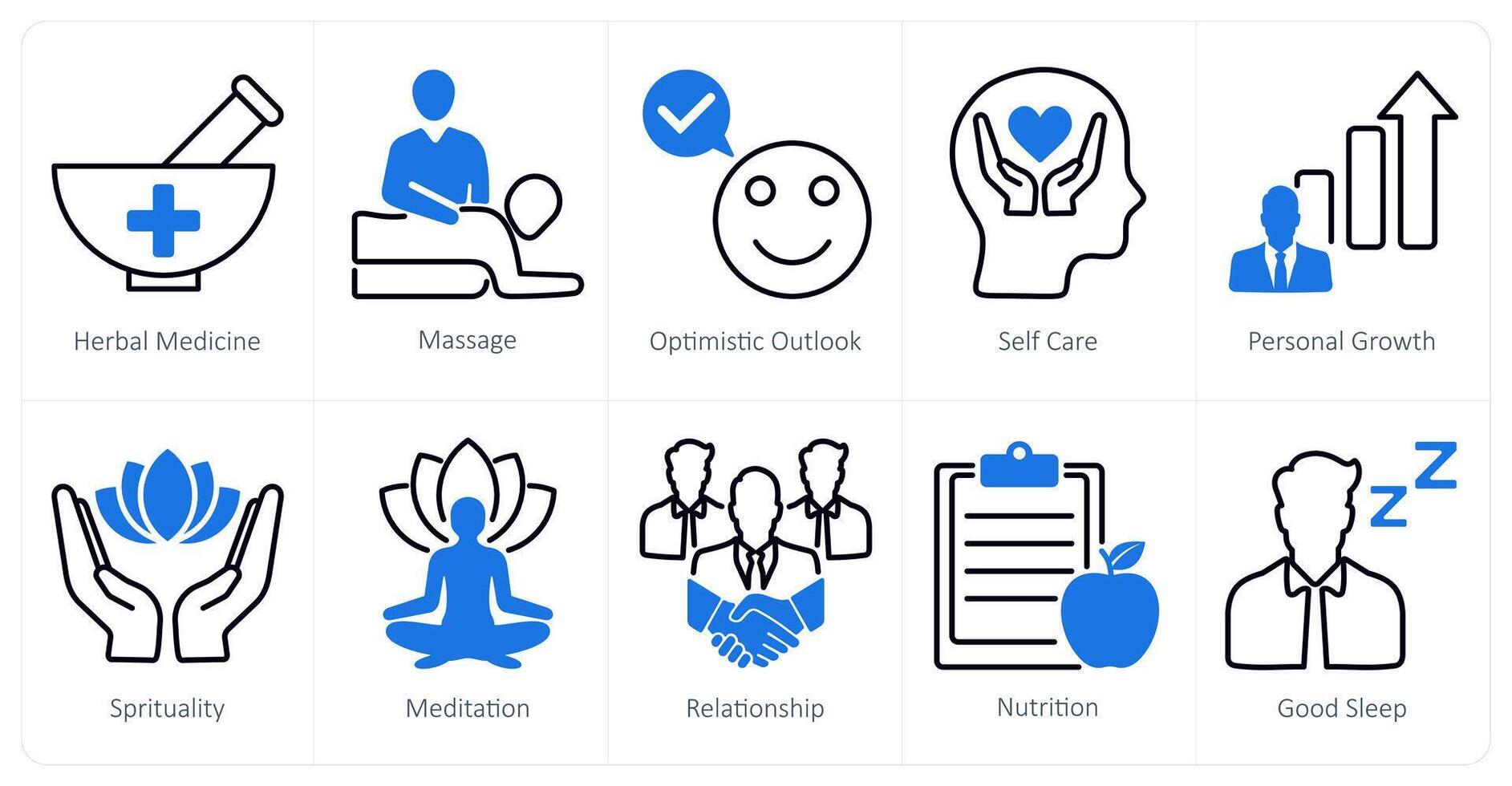 A set of 10 wellness icons as herbal medicine, massage, optimistic outlook vector