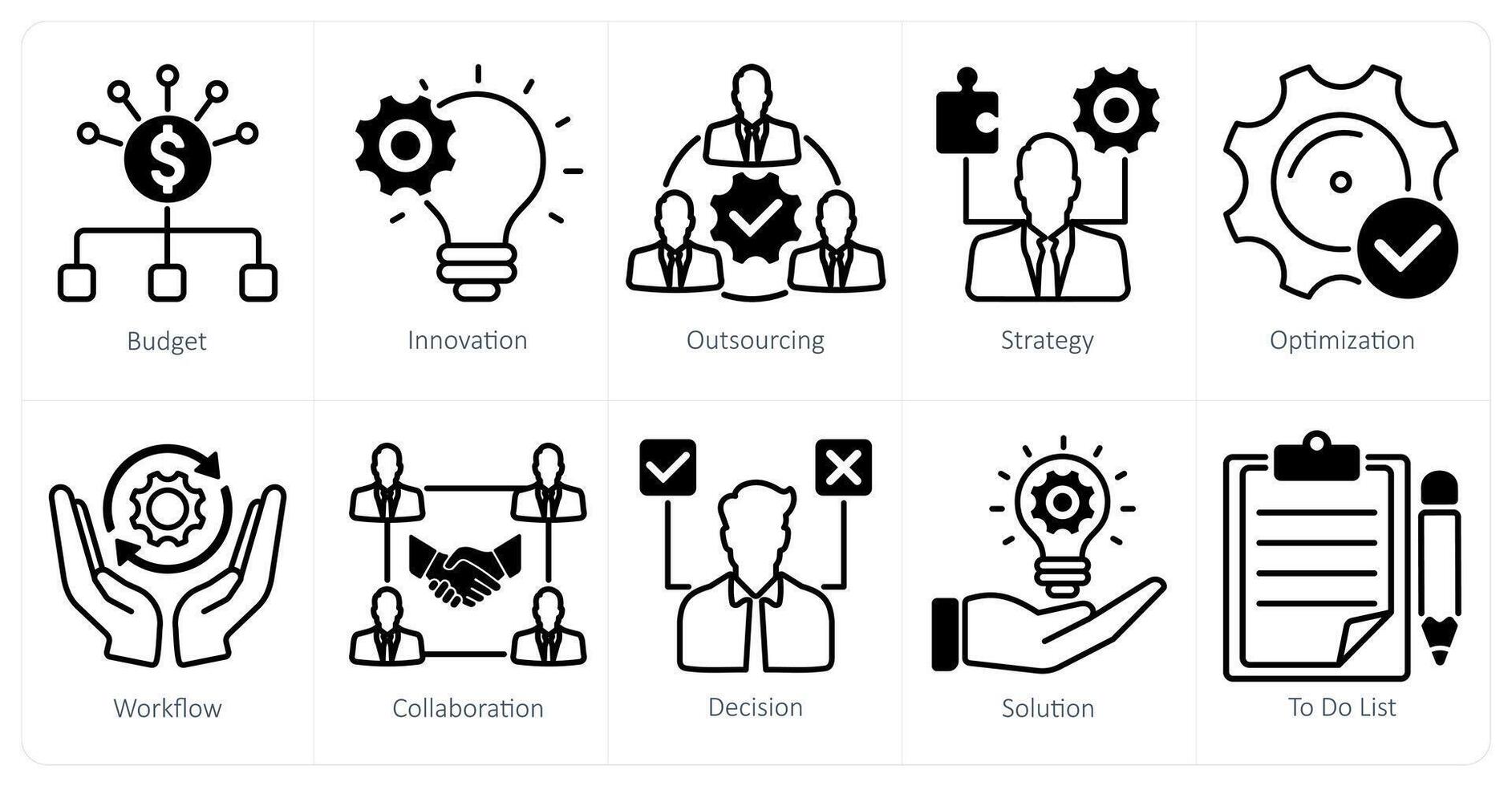 A set of 10 project management icons as budget, innovation, outsourcing vector
