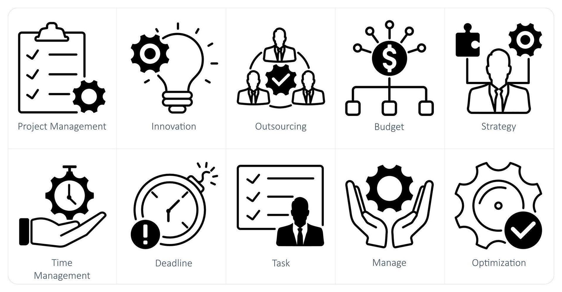 A set of 10 project management icons as project management, innovation, outsourcing vector