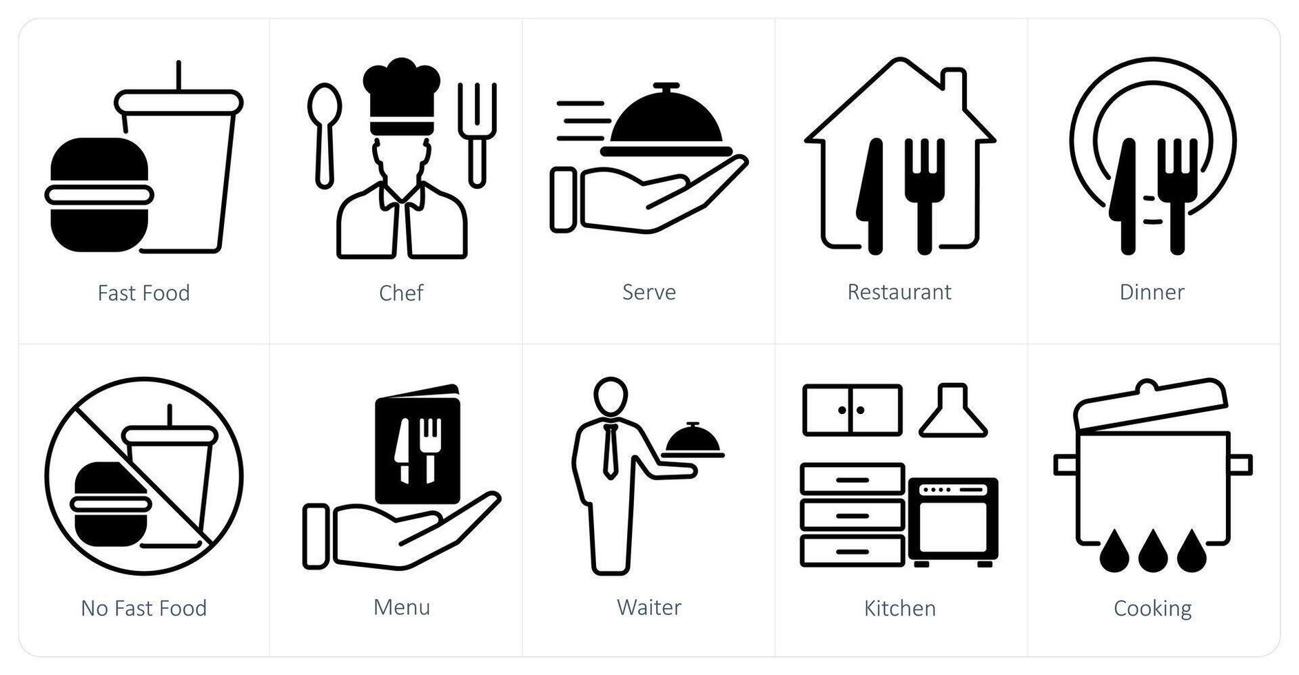 A set of 10 restaurant icons as fast food, chef, serve vector