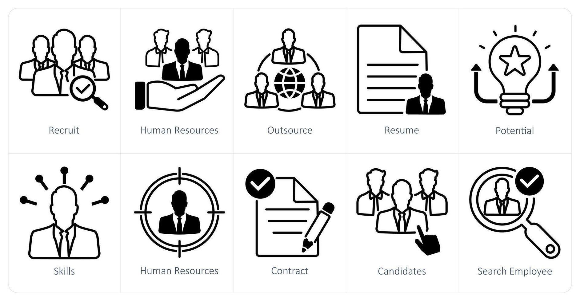 A set of 10 recruitment icons as recruit, human resources, outsource vector