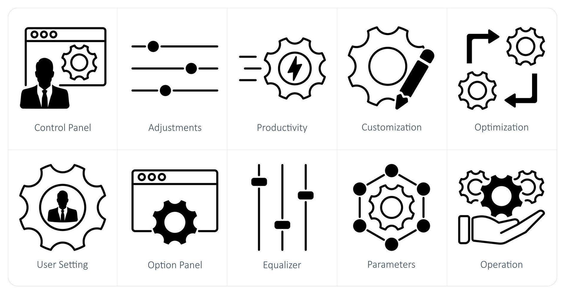 A set of 10 settings and configuration icons as control panel, adjustments, productivity vector