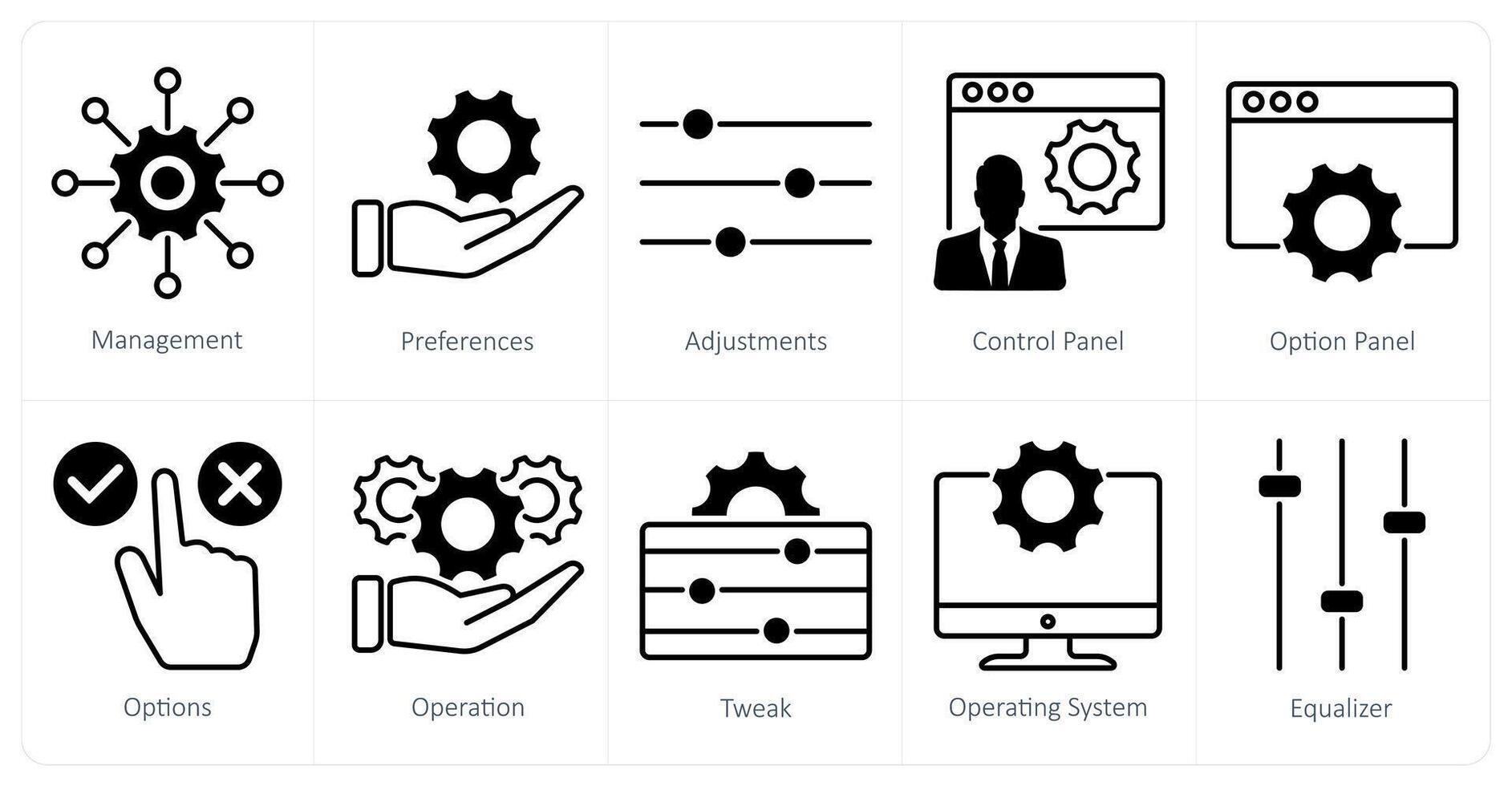 A set of 10 settings and configuration icons as management, preferences, adjustments vector