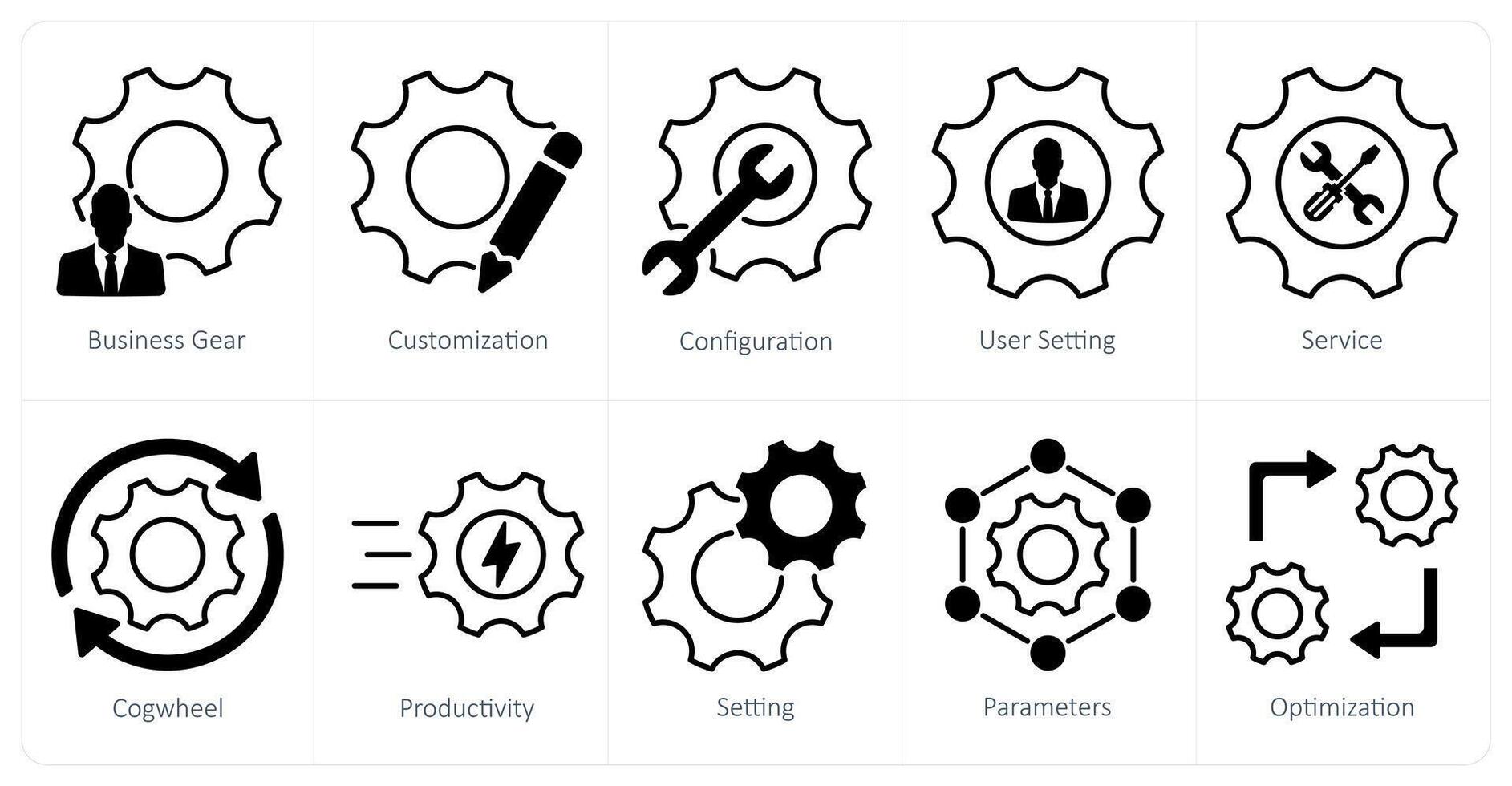 A set of 10 settings and configuration icons as business gear, customization, configuration vector