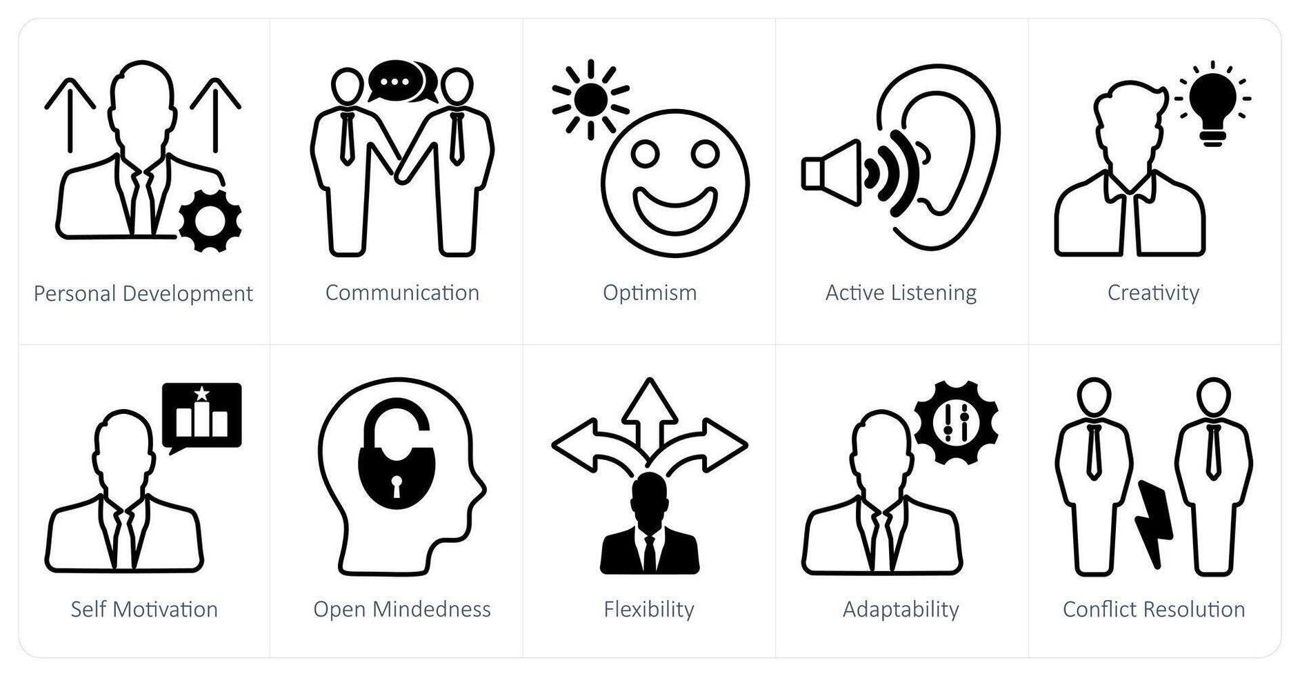 A set of 10 soft skills icons as personal development, communication, optimism vector