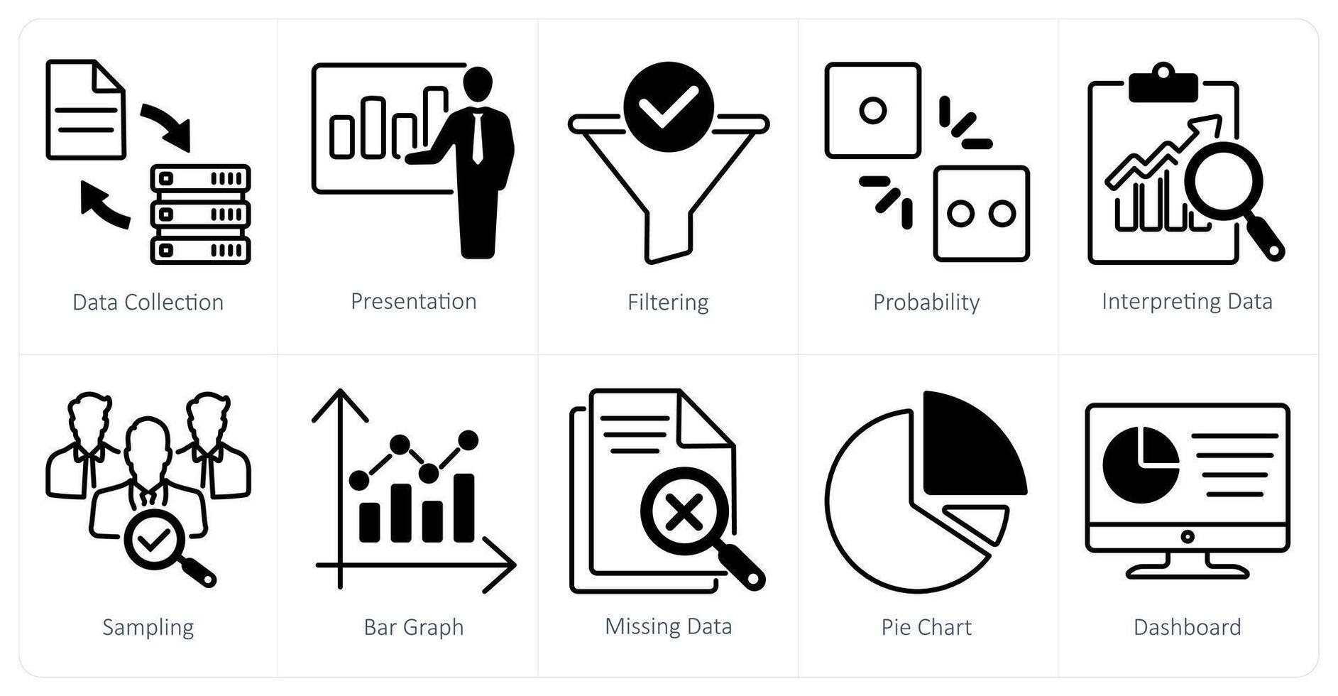 A set of 10 statistics icons as data collection, presentation, filtering vector