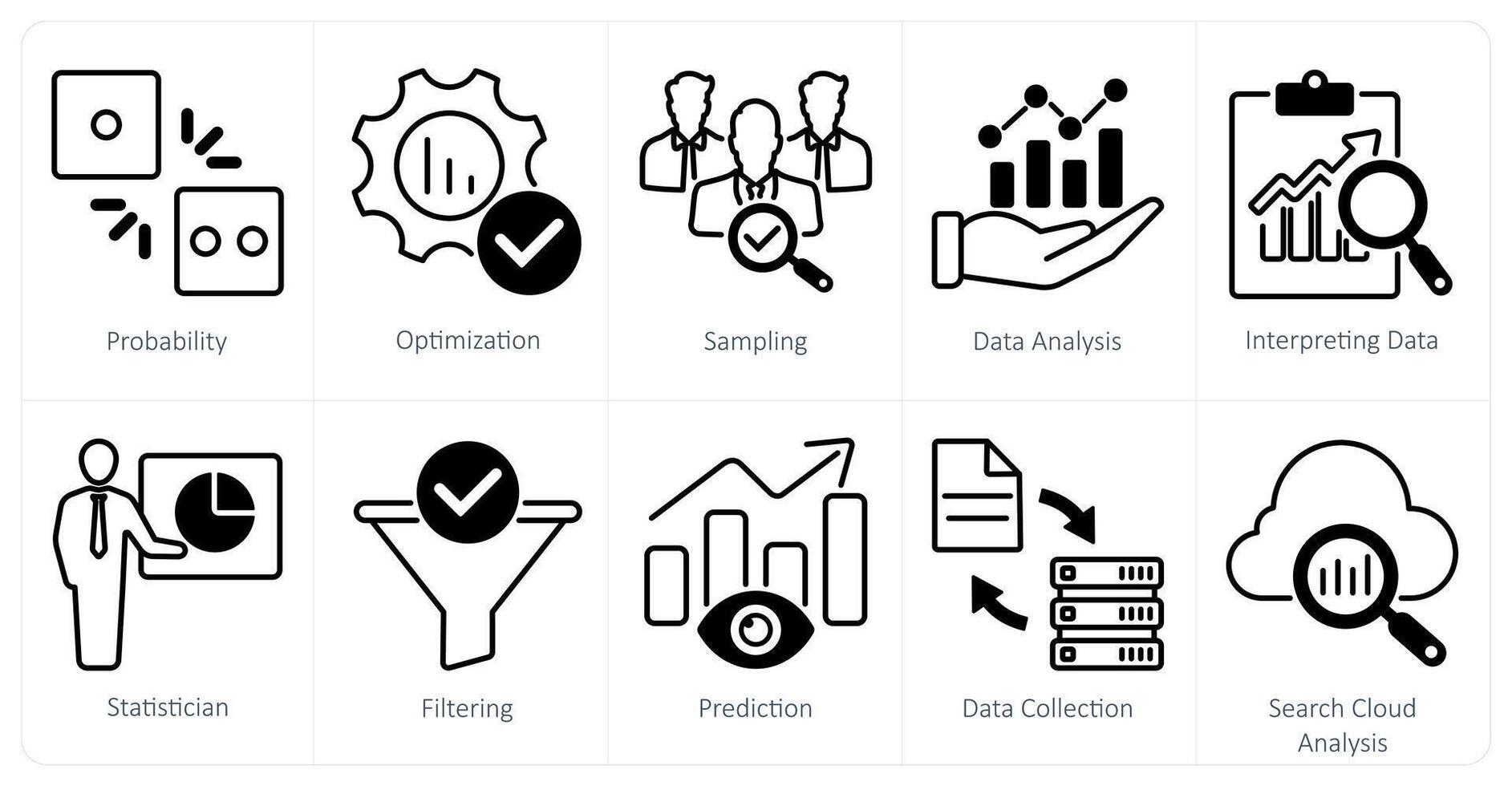 A set of 10 statistics icons as probability, optimization, sampling vector